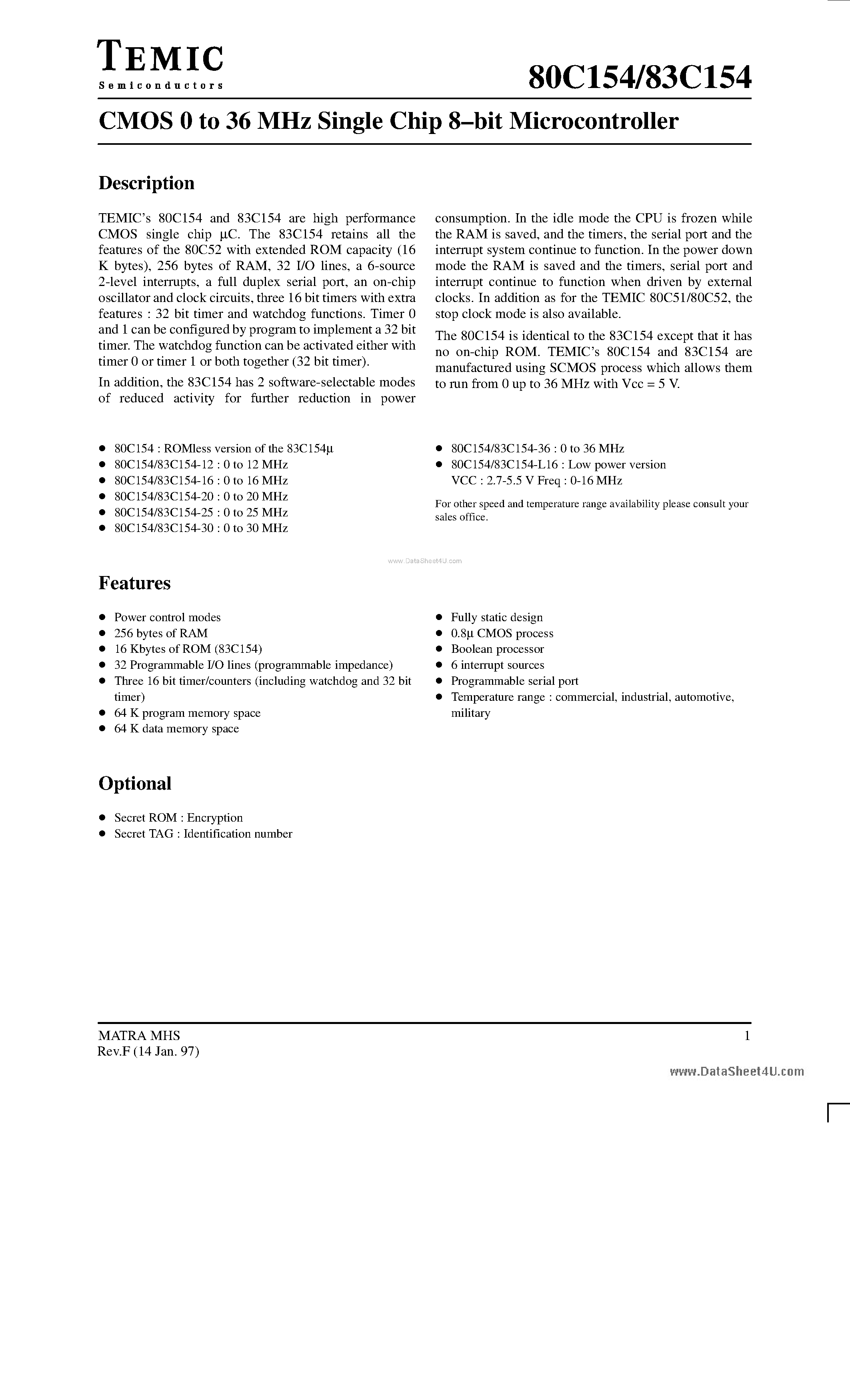 Datasheet 80C154 - CMOS 0 to 36 MHz Single Chip 8-bit Microcontroller page 1