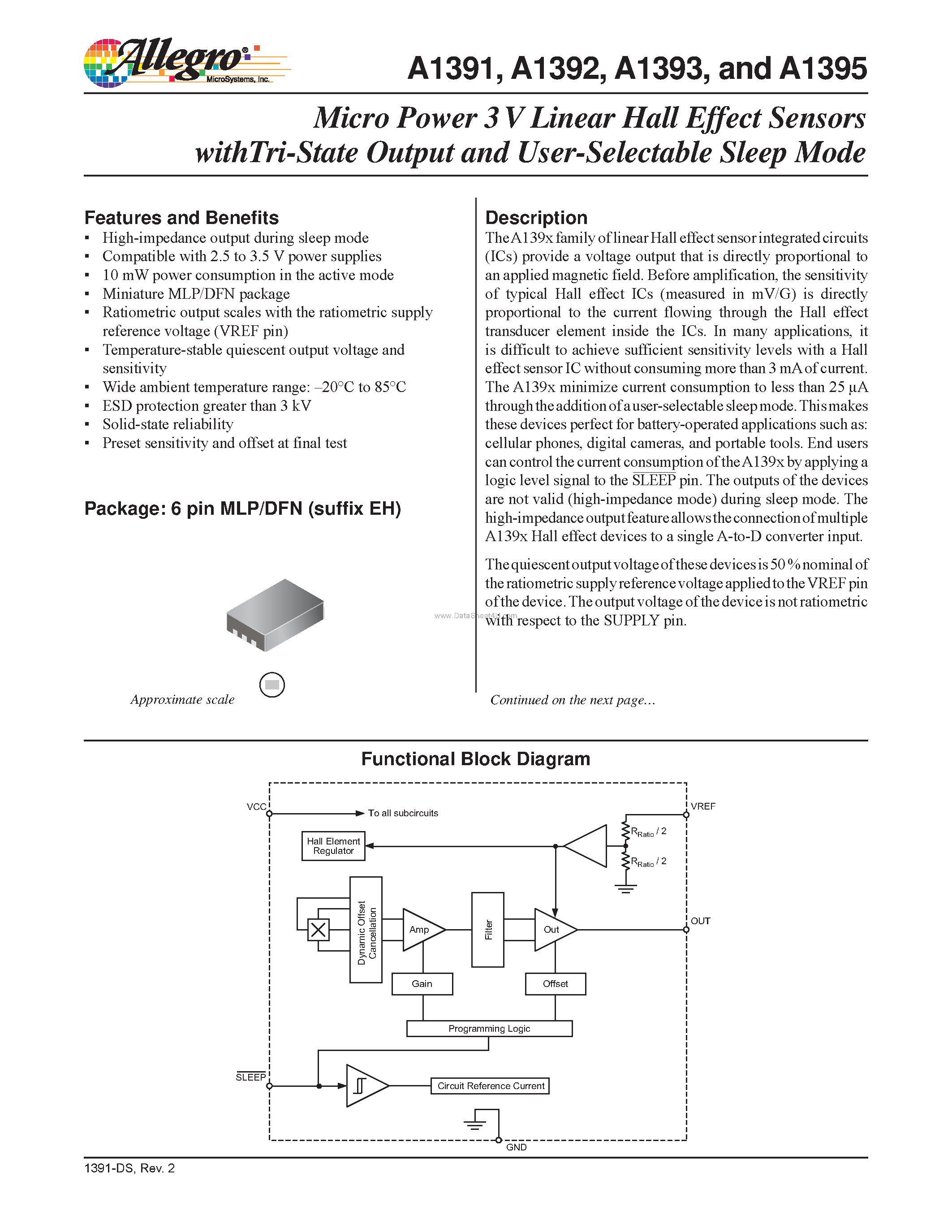 Даташит на микросхему A1391 страница 1 Даташит A1391 - (A1391 - A1395) Micro Power 3 V Linear Hall Effect Sensors страница 1