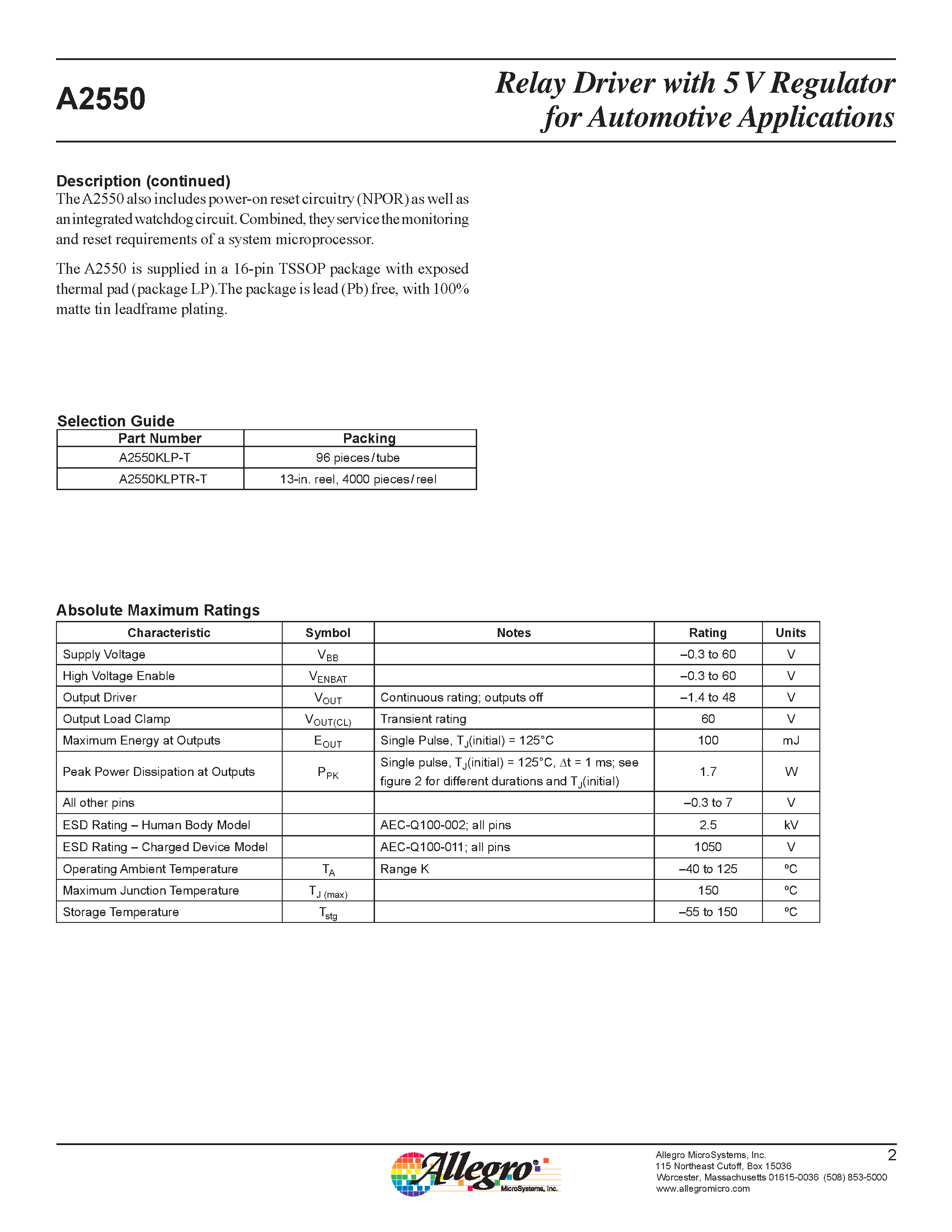 Даташит A2550 - Relay Driver страница 2