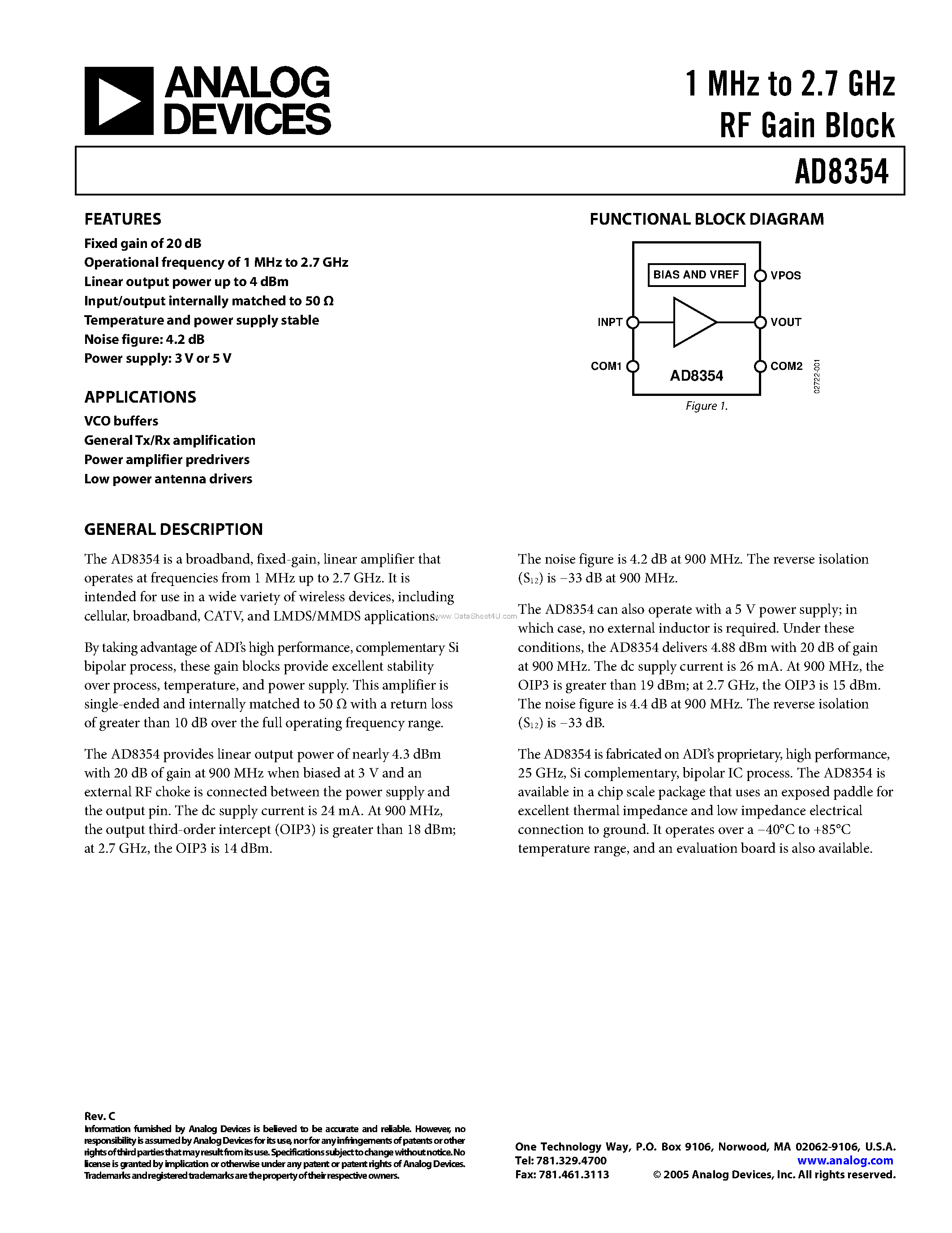 Datasheet AD8354 - RF Gain Block page 1