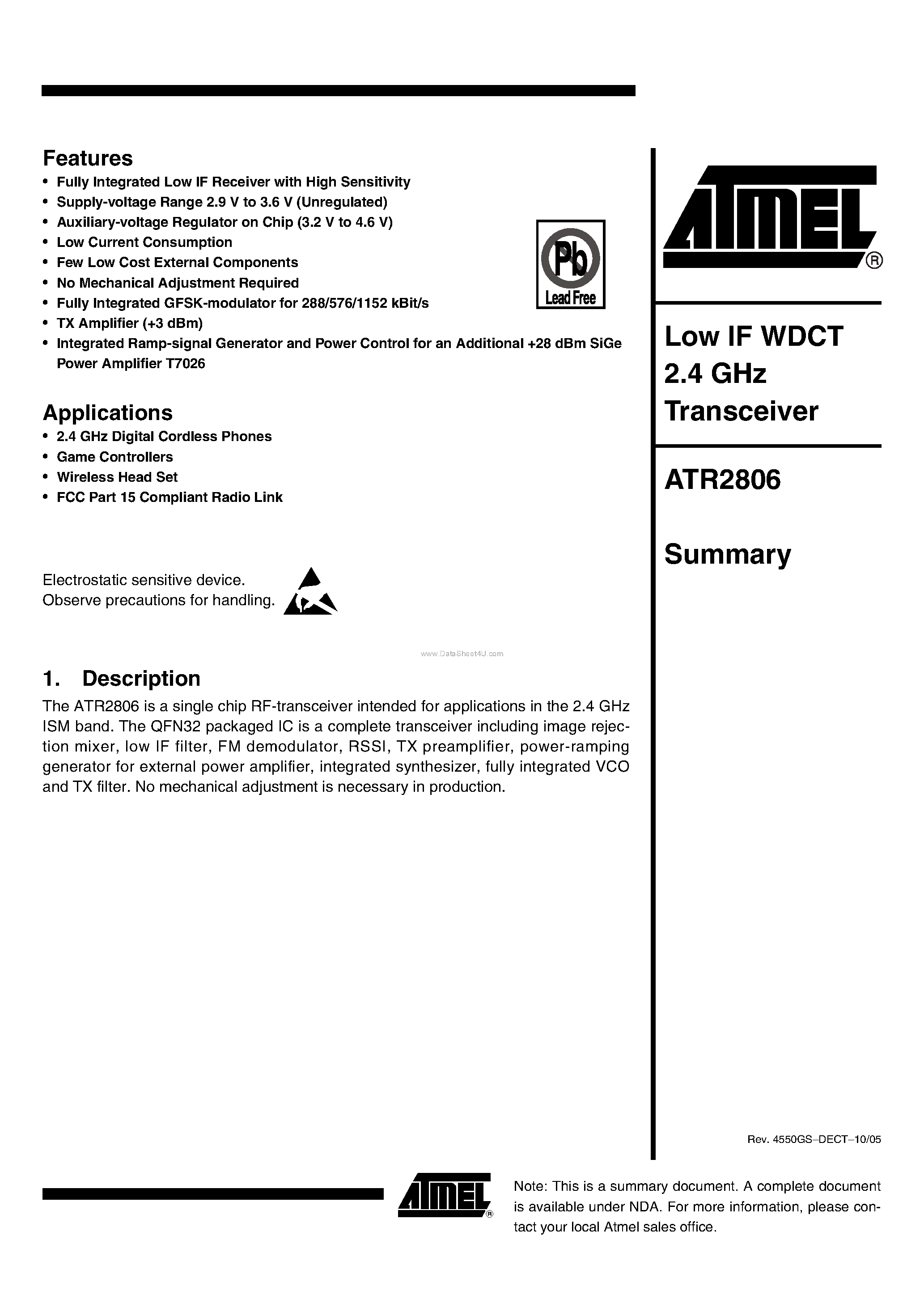 Datasheet ATR2806 - Low IF WDCT 2.4 GHz Transceiver page 1