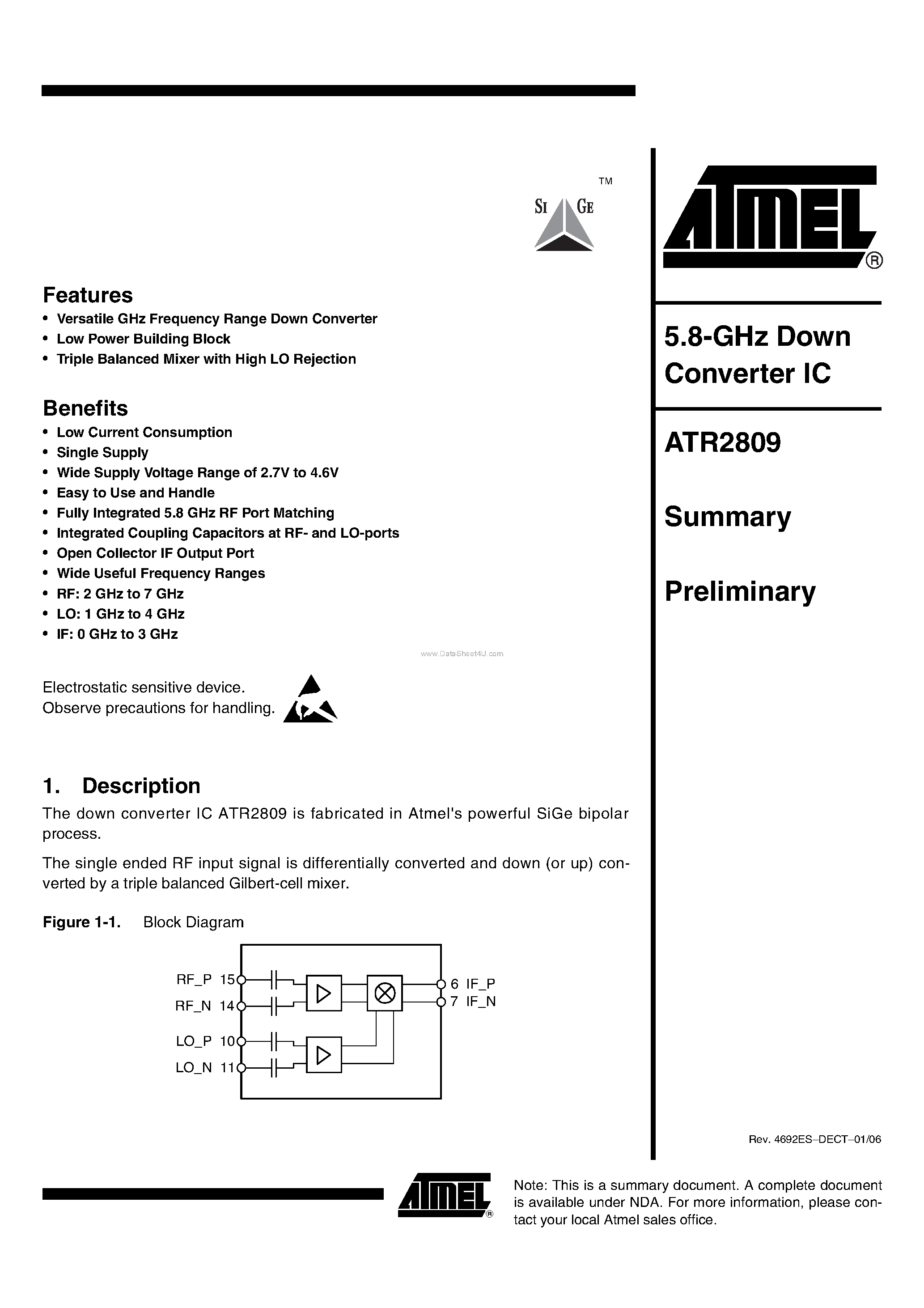 Datasheet ATR2809 - 5.8-GHz Down Converter IC page 1