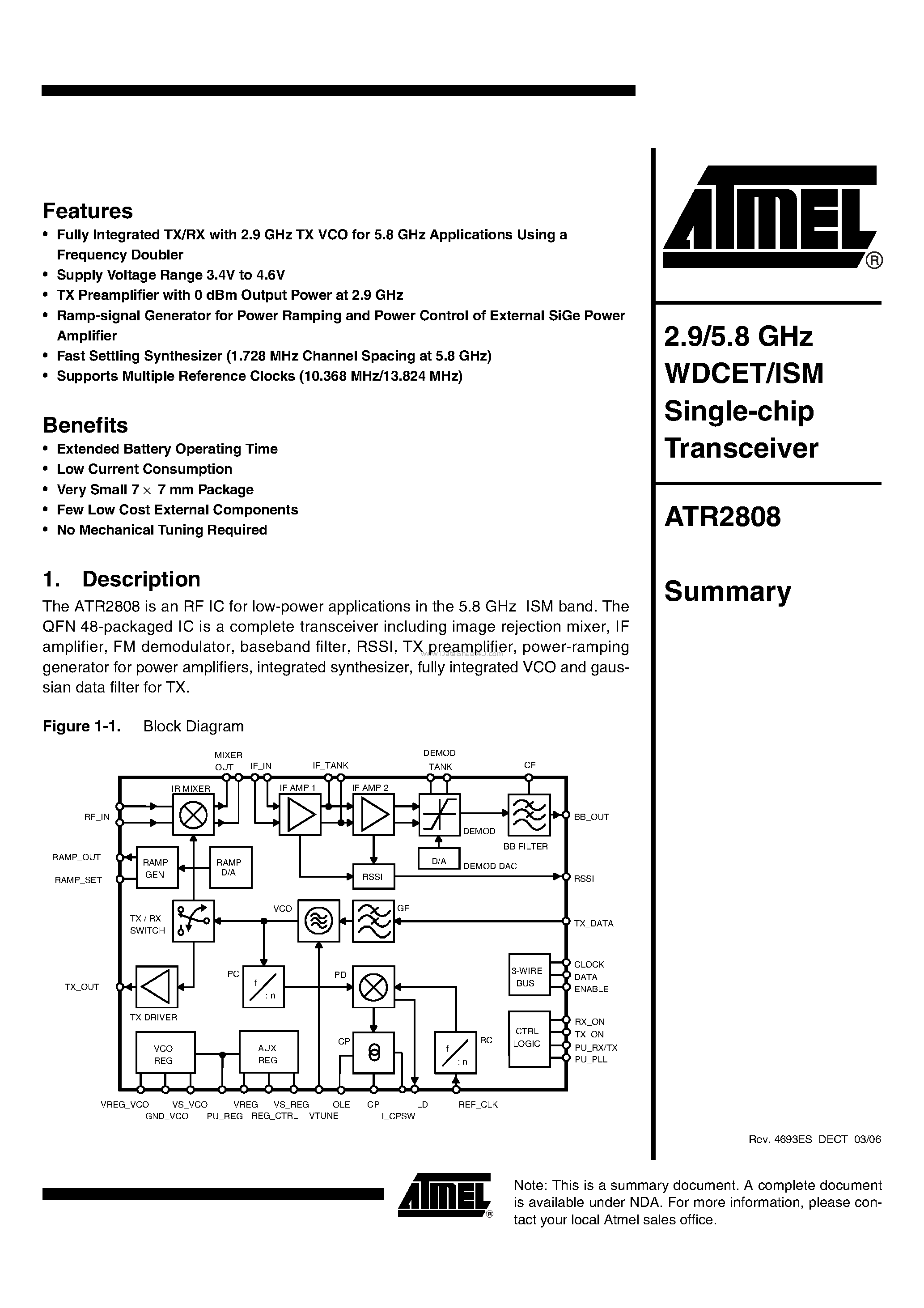 Даташит ATR2808 - 2.9/5.8 GHz WDCET/ISM Single-chip Transceiver страница 1