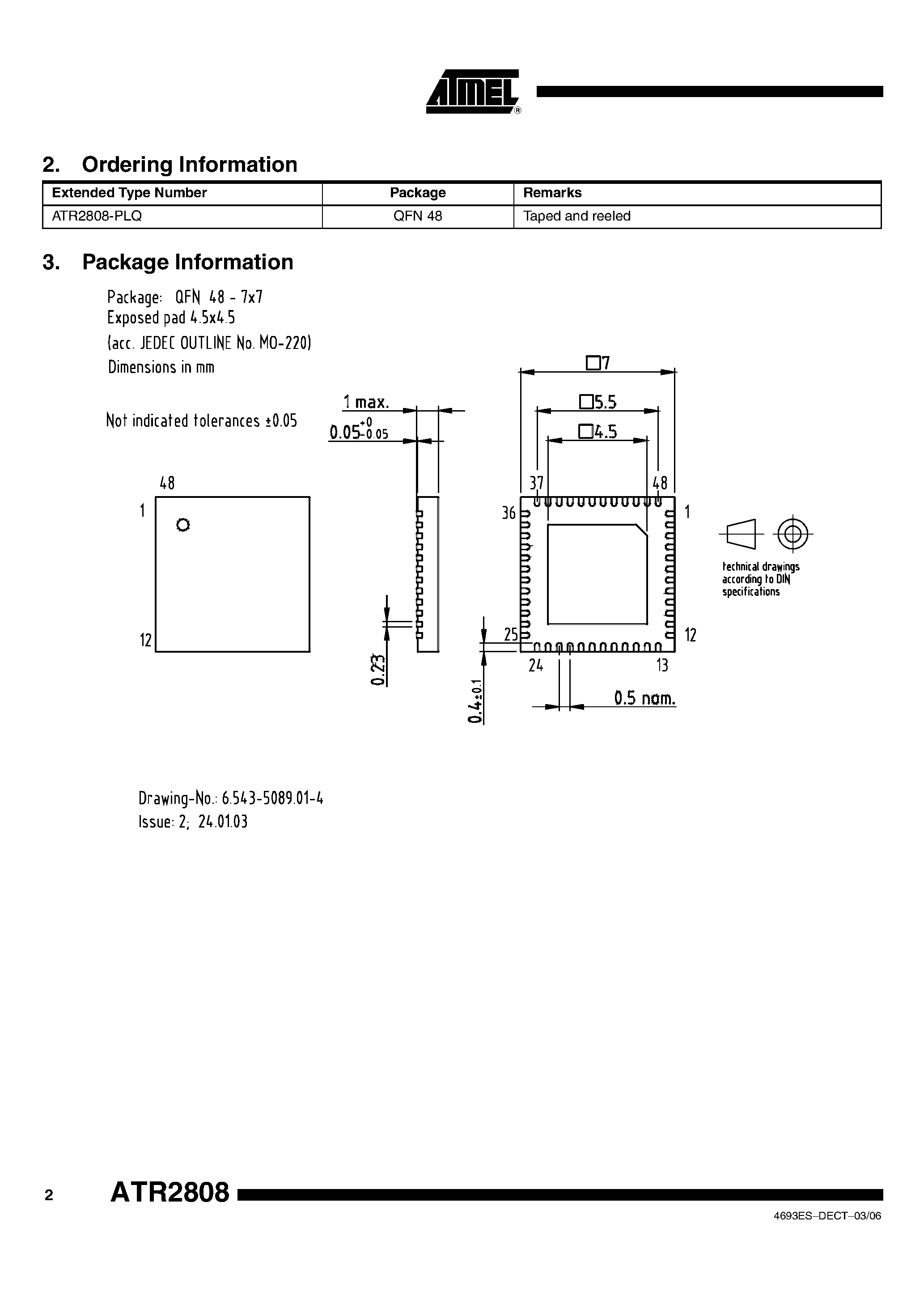 Даташит ATR2808 - 2.9/5.8 GHz WDCET/ISM Single-chip Transceiver страница 2
