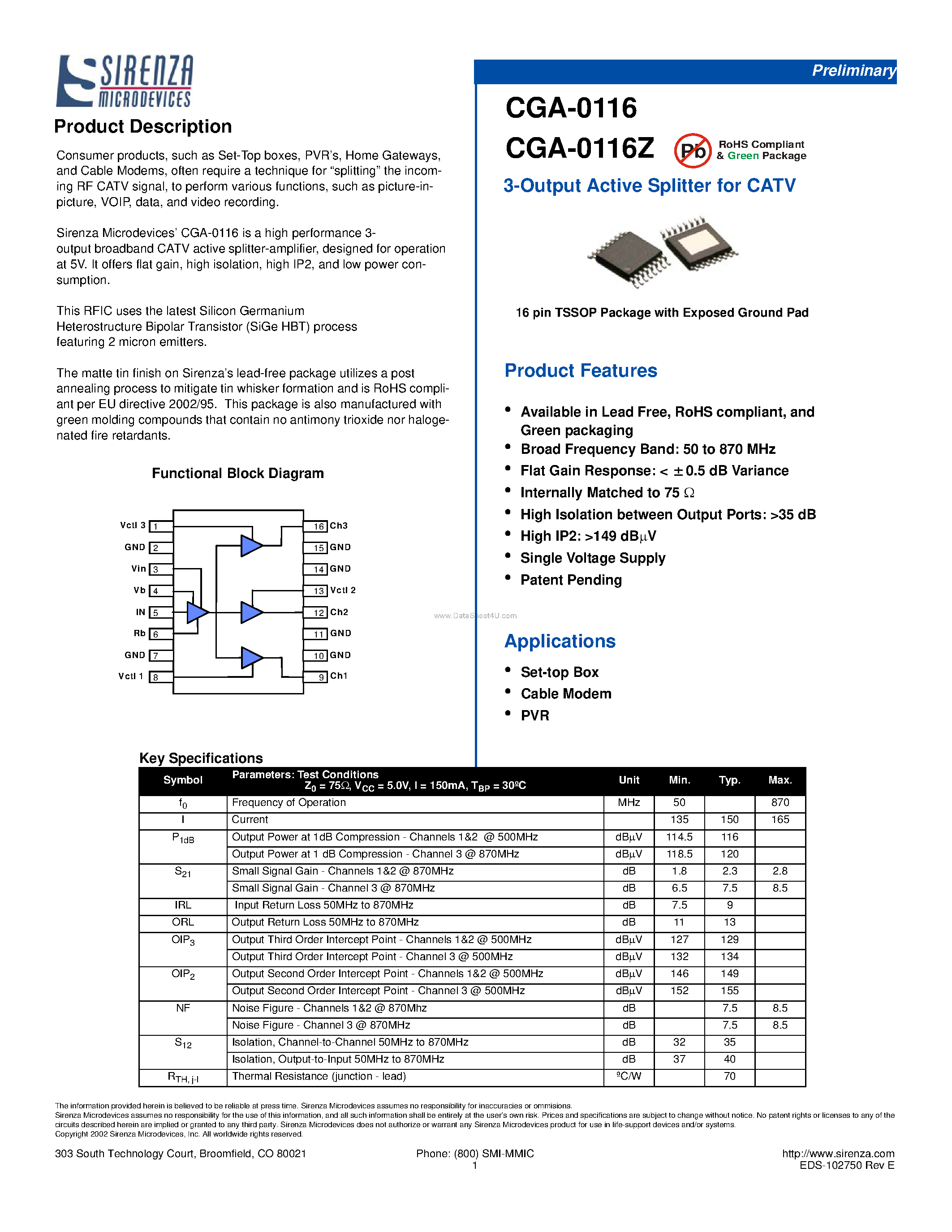 Даташит CGA-0116 - 3-Output Active Splitter страница 1