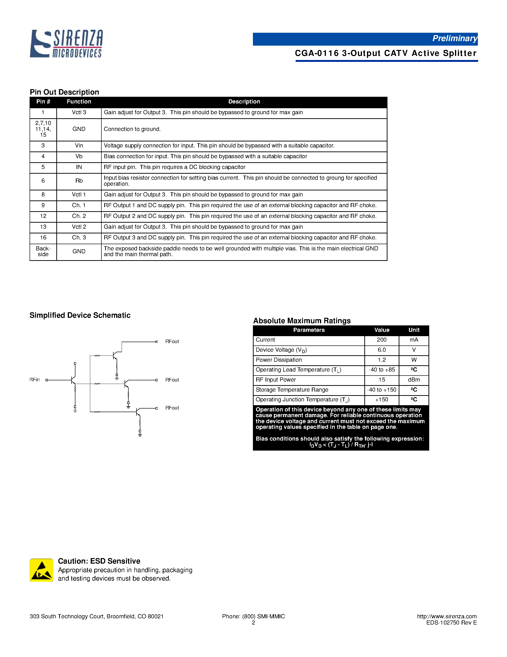 Даташит CGA-0116 - 3-Output Active Splitter страница 2