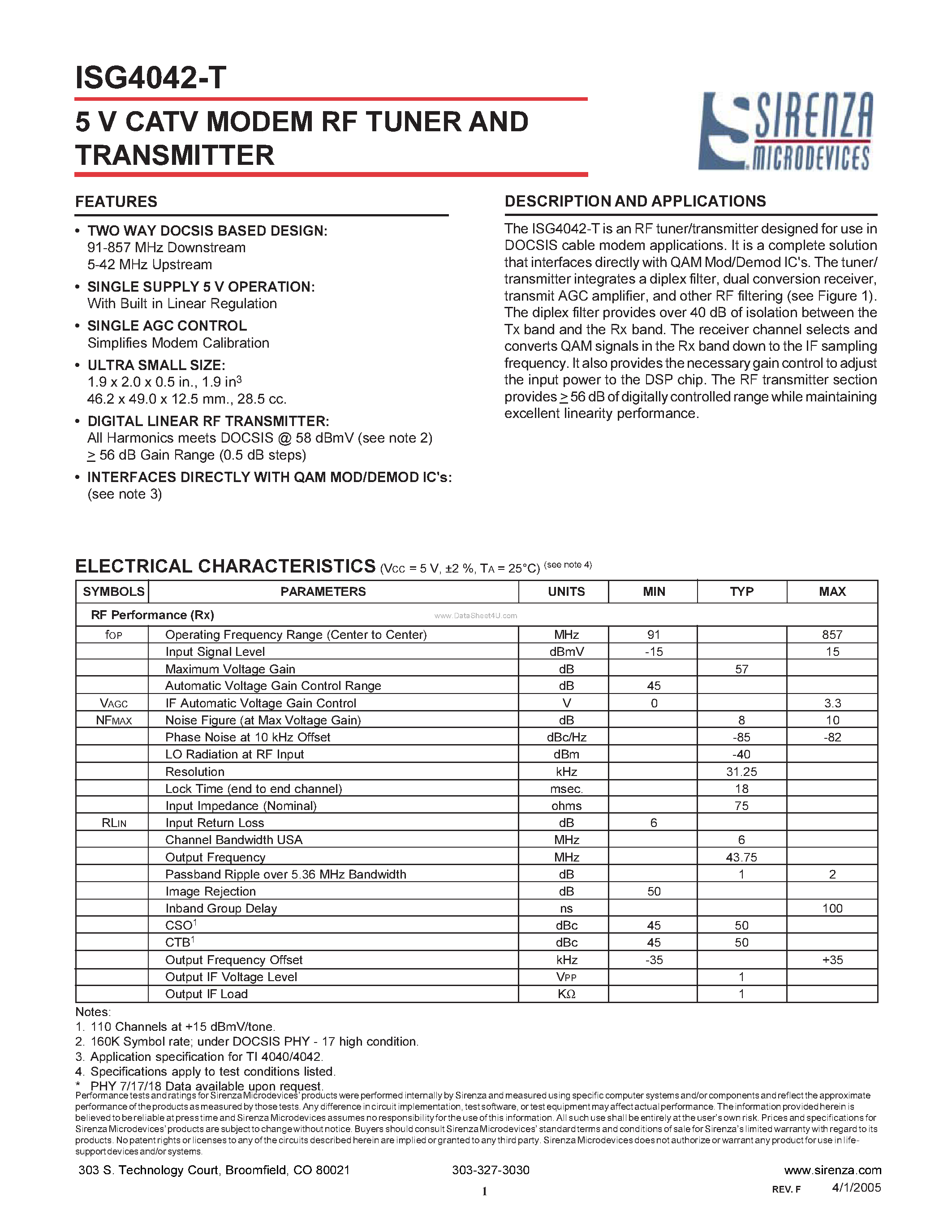 Datasheet ISG4042-T page 1 Datasheet ISG4042-T - 5V CATV MODEM RF TUNER AND TRANSMITTER page 1