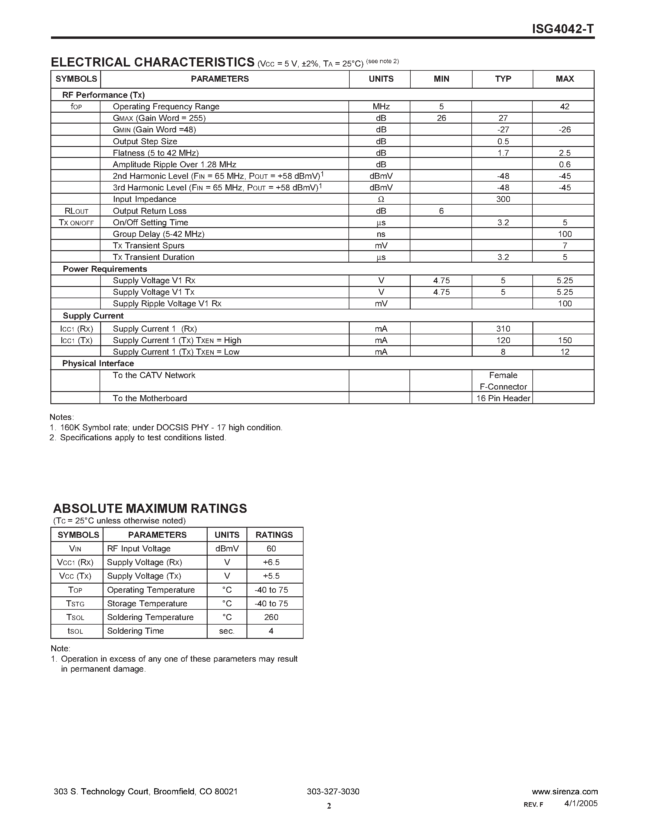 Datasheet ISG4042-T page 2 Datasheet ISG4042-T - 5V CATV MODEM RF TUNER AND TRANSMITTER page 2