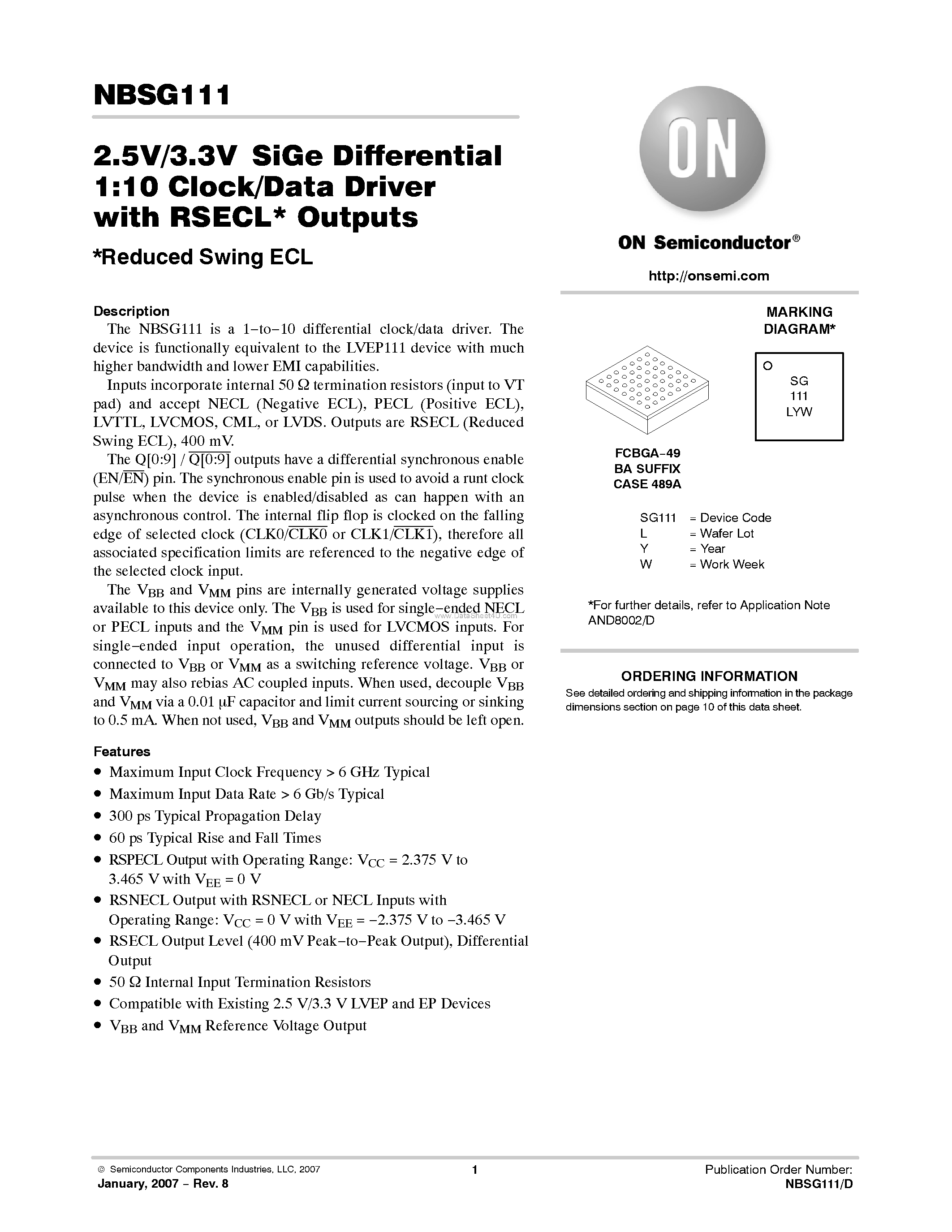 Datasheet NBSG111 - 2.5V/3.3V SiGe Differential 1:10 Clock/Data Driver page 1