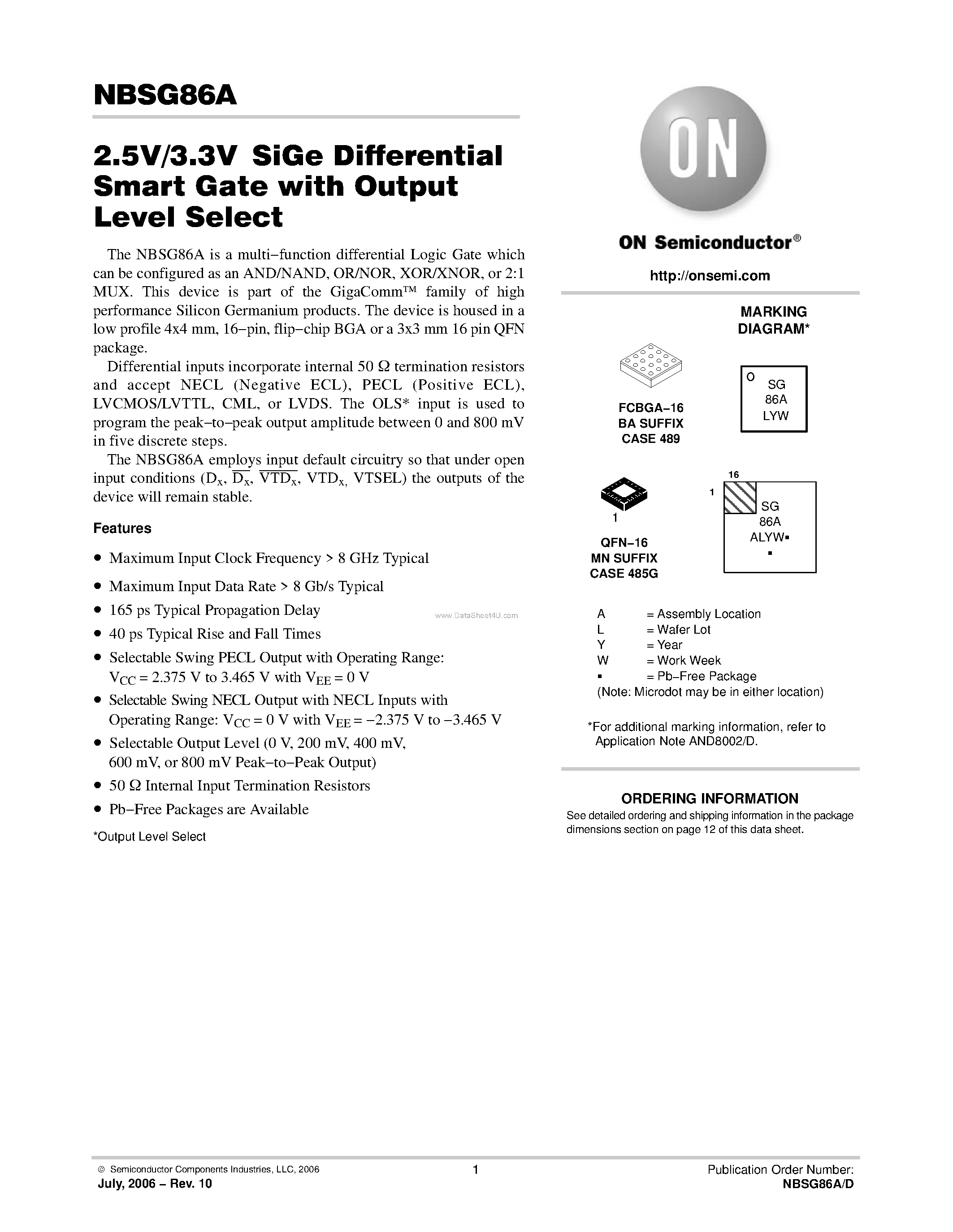 Datasheet NBSG86A page 1 Datasheet NBSG86A - 2.5V/3.3V SiGe Differential Smart Gate page 1