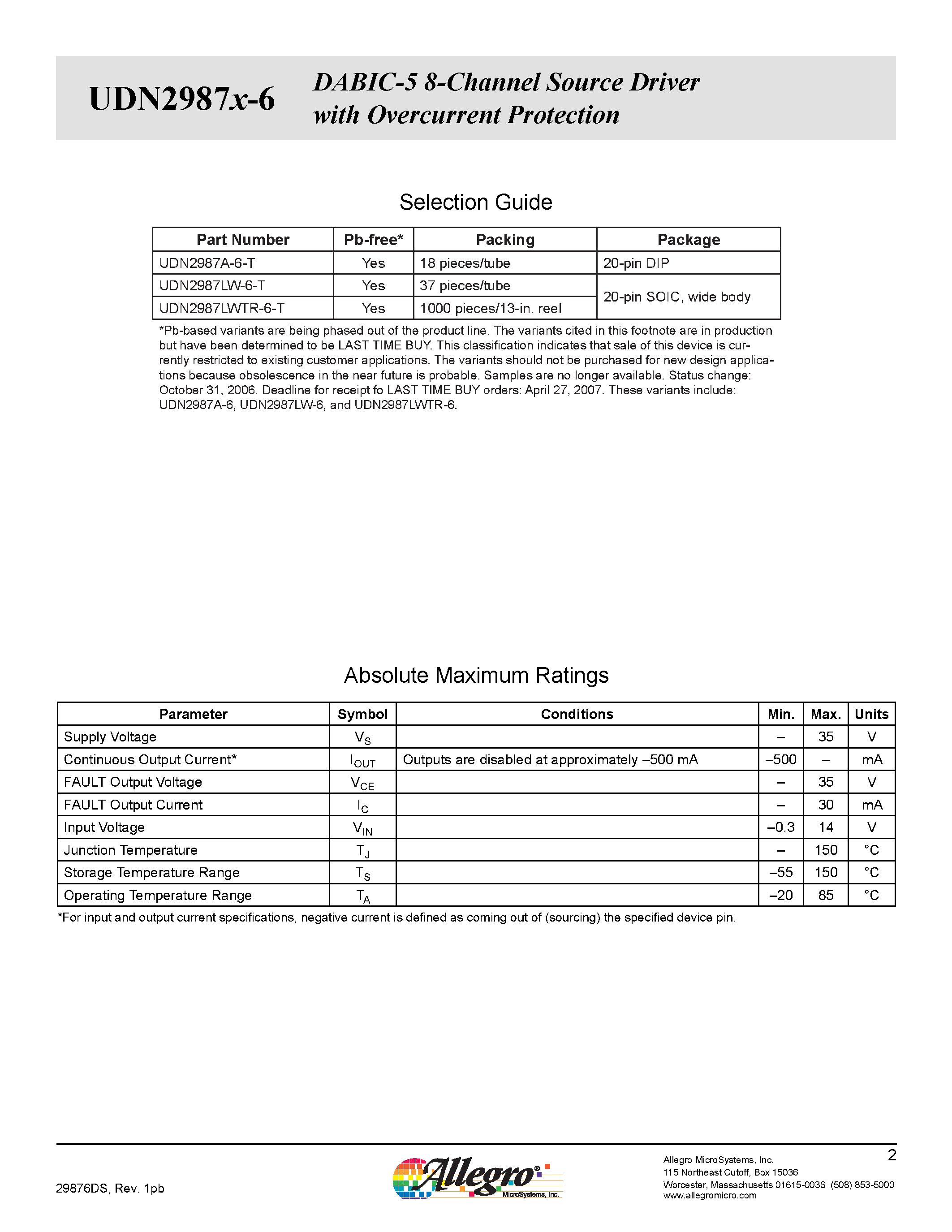 Даташит UDN2987X-6 - DABIC-5 8-Channel Source Driver страница 2