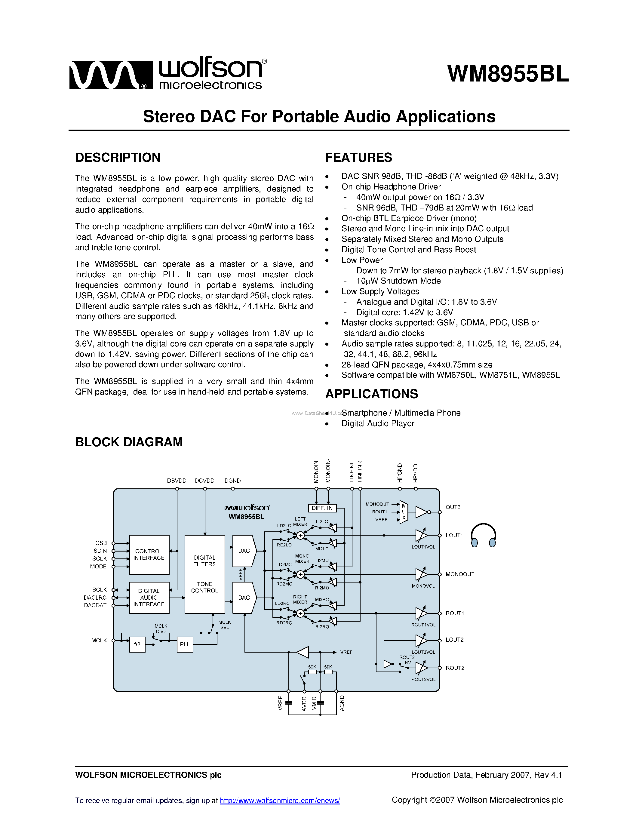 Datasheet WM8955BL - Stereo DAC page 1