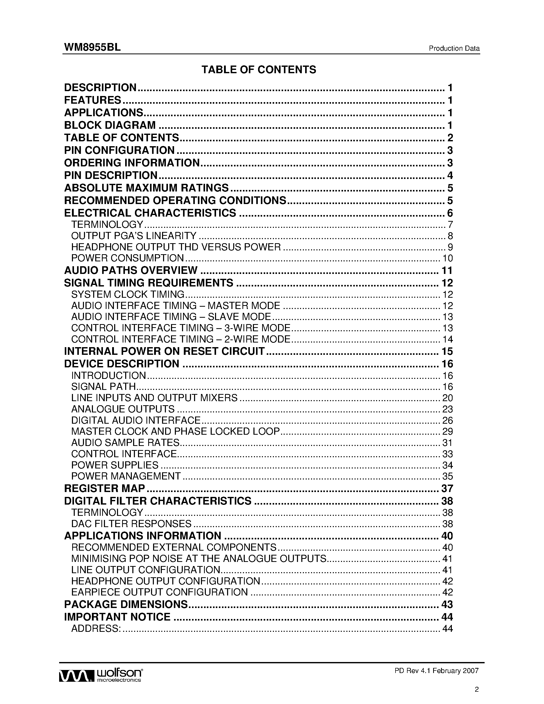Datasheet WM8955BL - Stereo DAC page 2