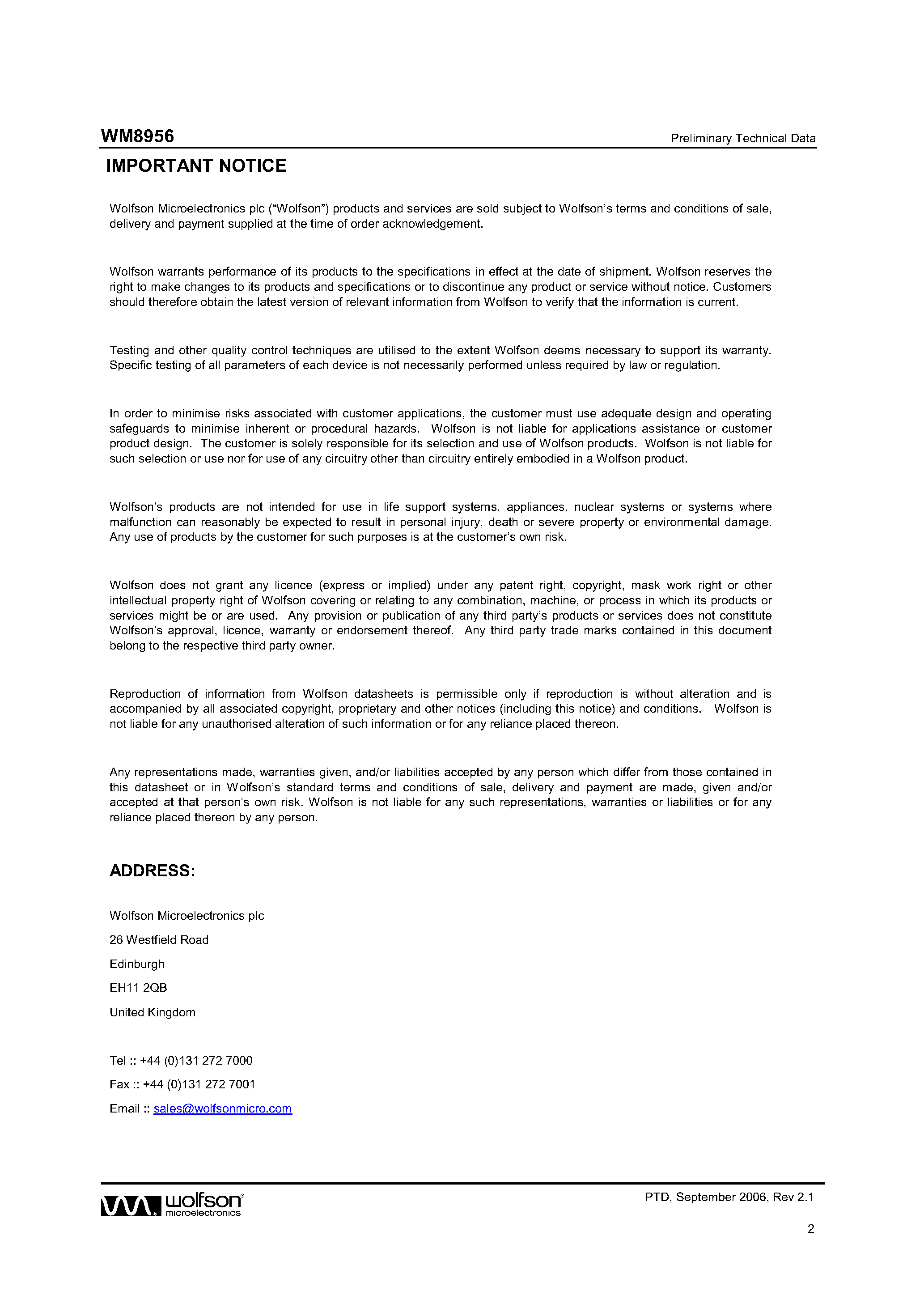 Datasheet WM8956 - Hi-Fi DAC page 2
