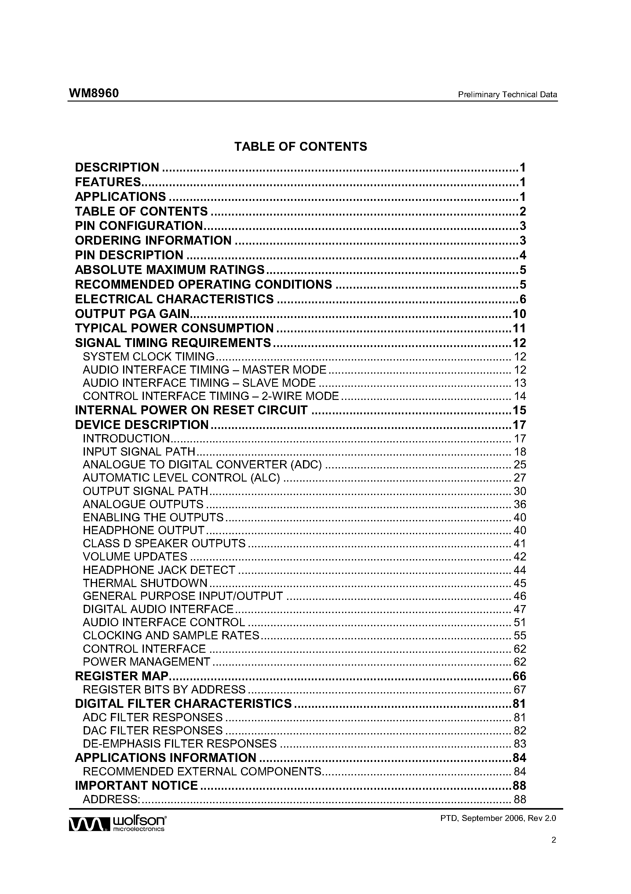 Datasheet WM8960 page 2 Datasheet WM8960 - Stereo CODEC page 2