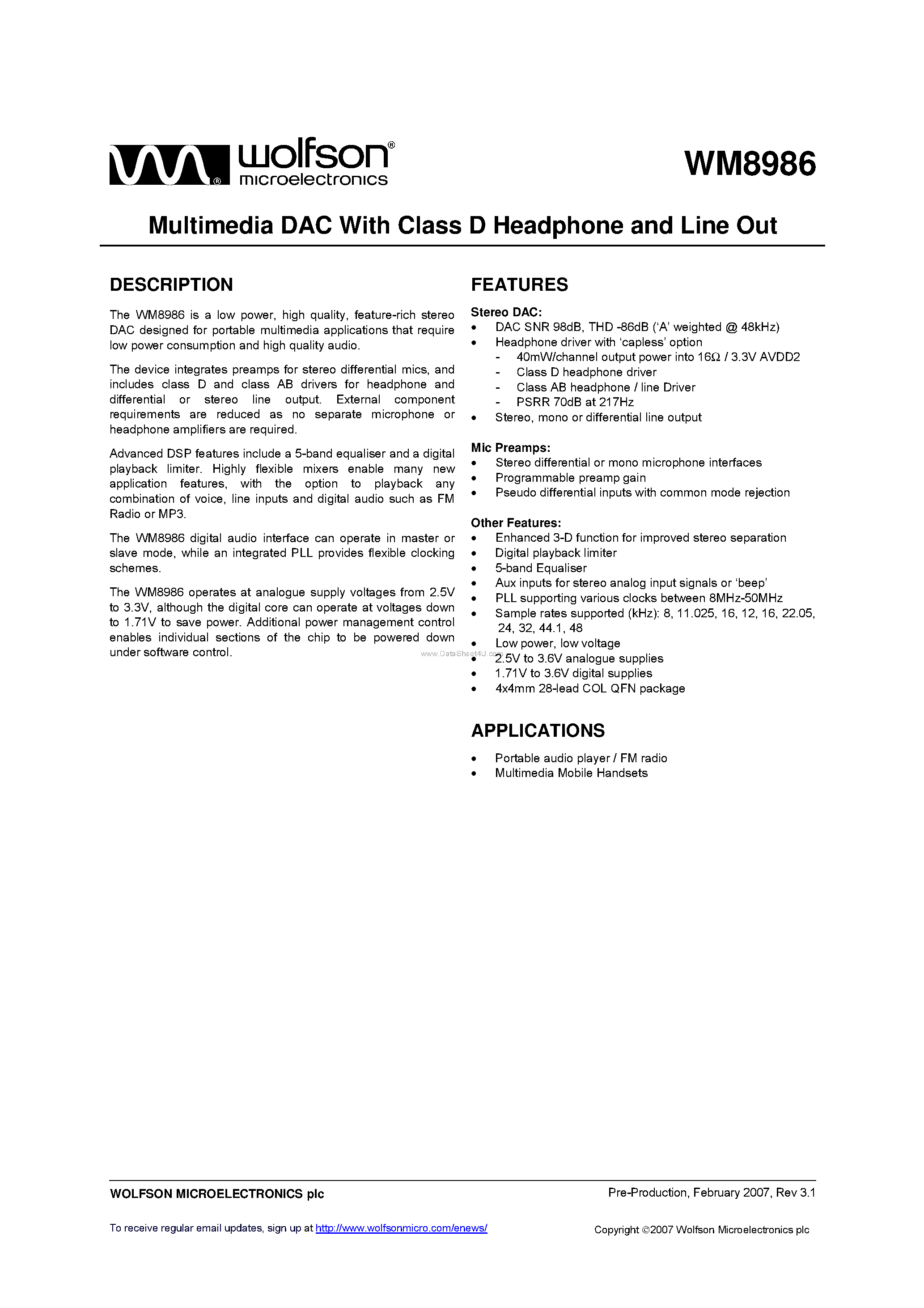 Datasheet WM8986 - Multimedia DAC page 1