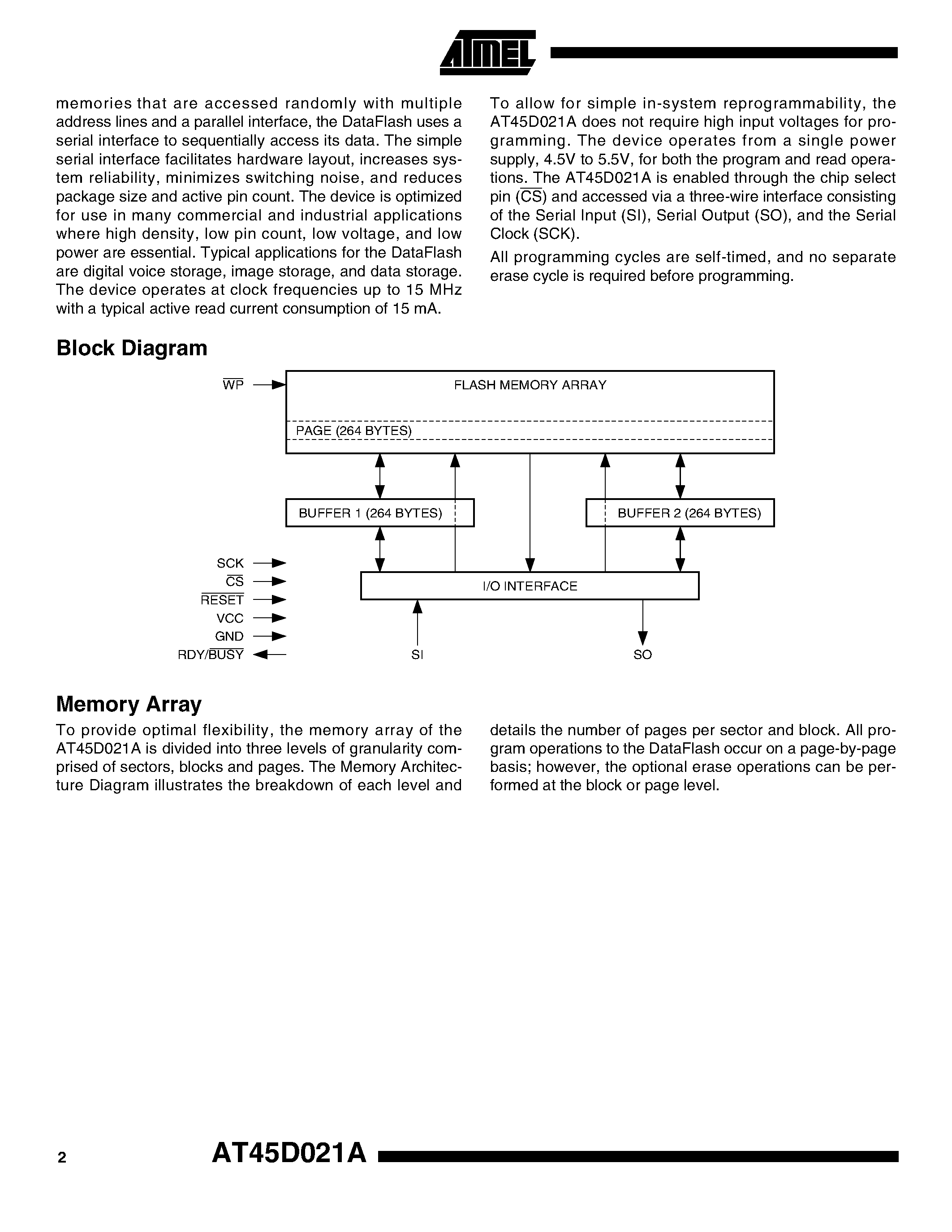 Datasheet AT45D021A - 2-megabit 5-volt Only Serial DataFlash page 2
