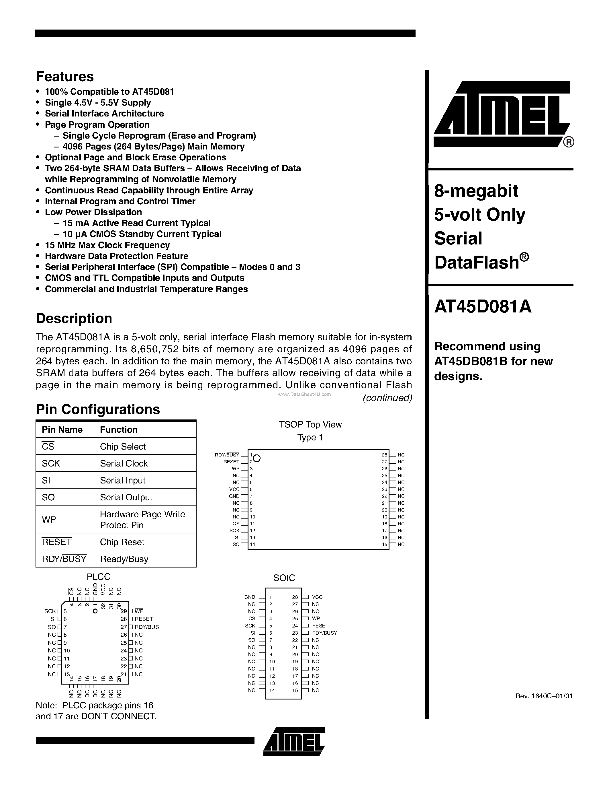Datasheet AT45D081A - 8-megabit 5-volt Only Serial DataFlash page 1