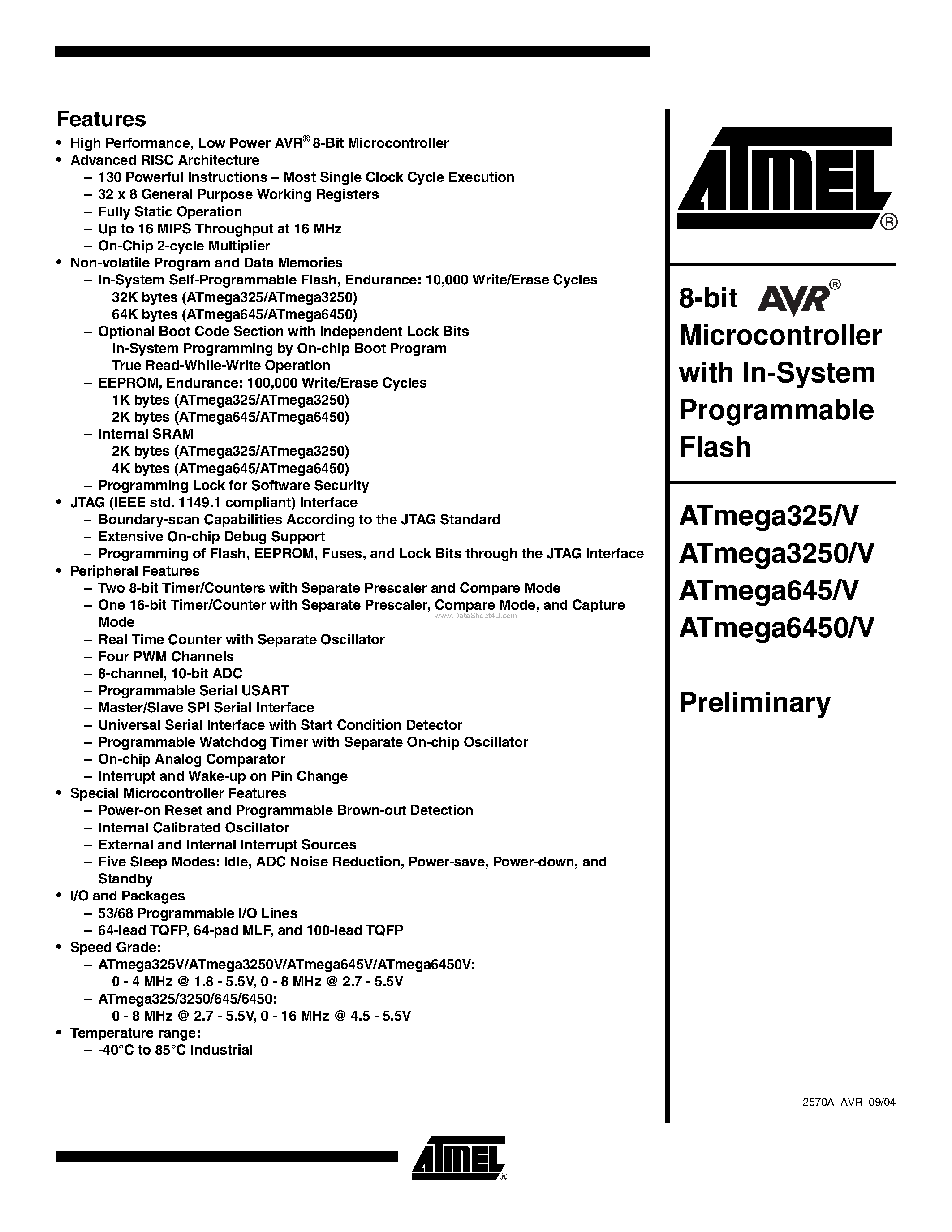 Даташит на микросхему ATMEGA325 страница 1 Даташит ATMEGA325 - (ATMEGA325x / ATMEGA645x) 8-bit Microcontroller страница 1