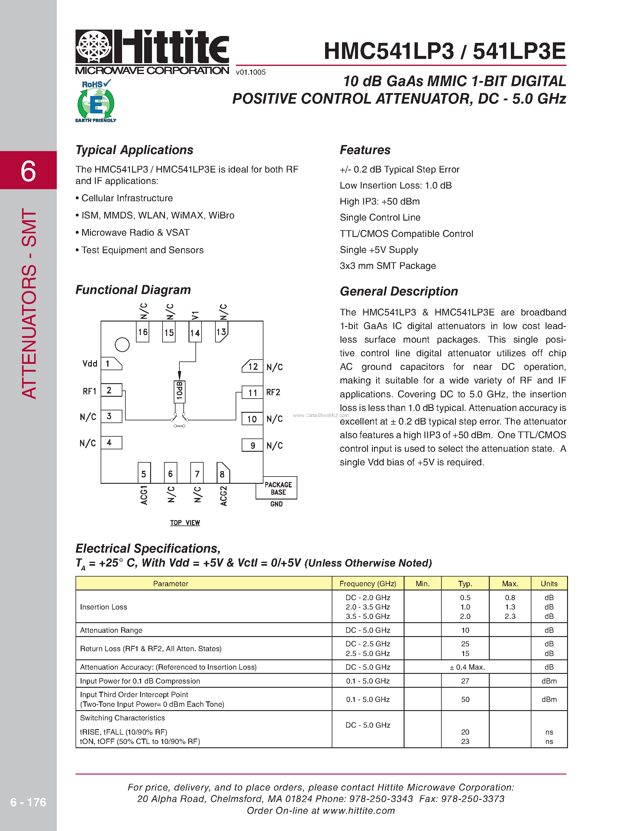 Даташит на микросхему HMC541LP3 страница 1 Даташит HMC541LP3 - 10 dB GaAs MMIC 1-BIT DIGITAL POSITIVE CONTROL ATTENUATOR страница 1