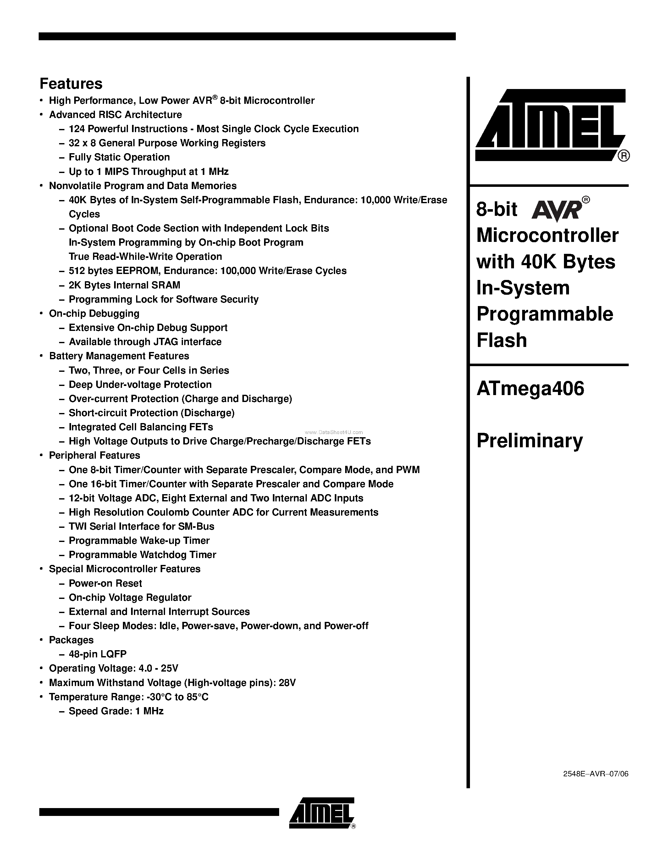 Даташит на микросхему ATMEGA406 страница 1 Даташит ATMEGA406 - 8-bit Microcontroller страница 1