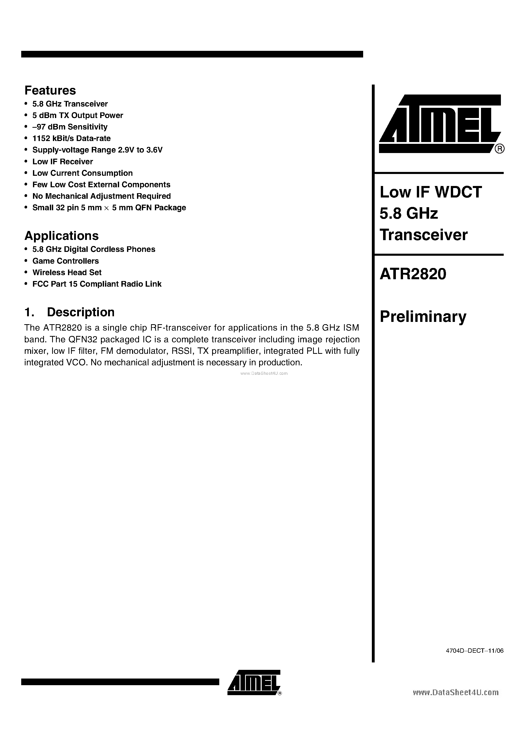 Datasheet ATR2820 - Low IF WDCT 5.8 GHz Transceiver page 1