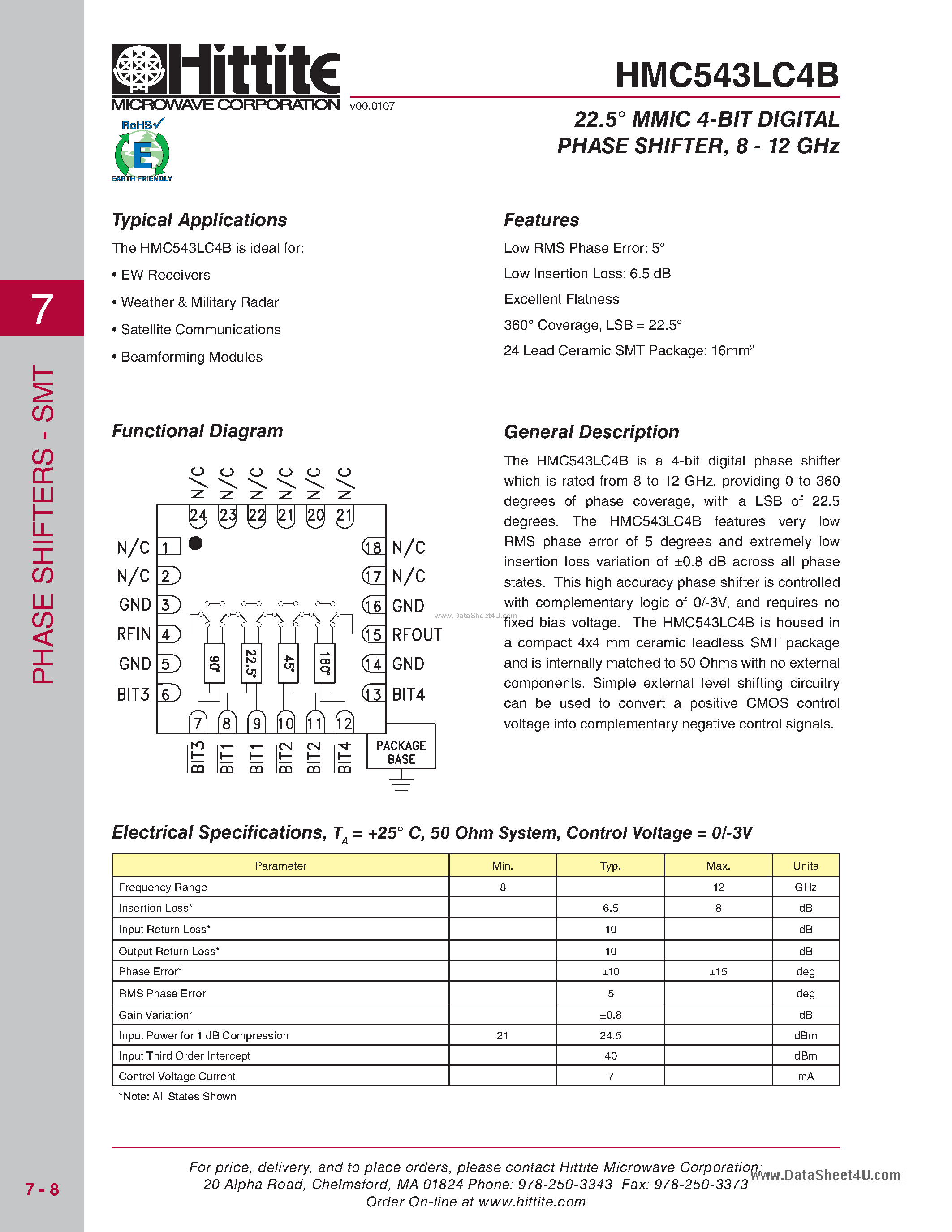 Даташит HMC543LC4B - MMIC 4-Bit Digital Phase Shifter страница 1