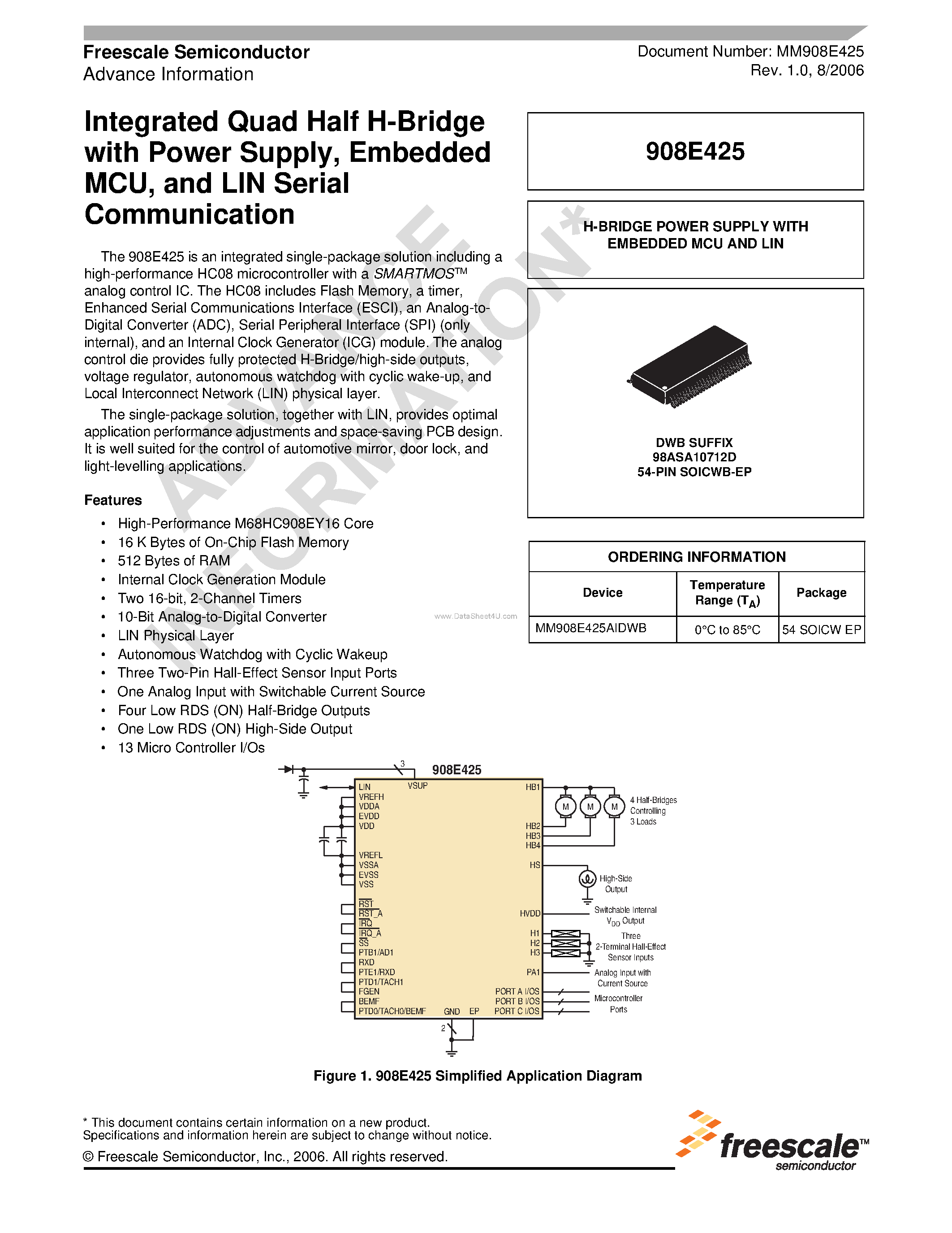 Datasheet 908E425 page 1 Datasheet 908E425 - Integrated Quad Half H-Bridge page 1