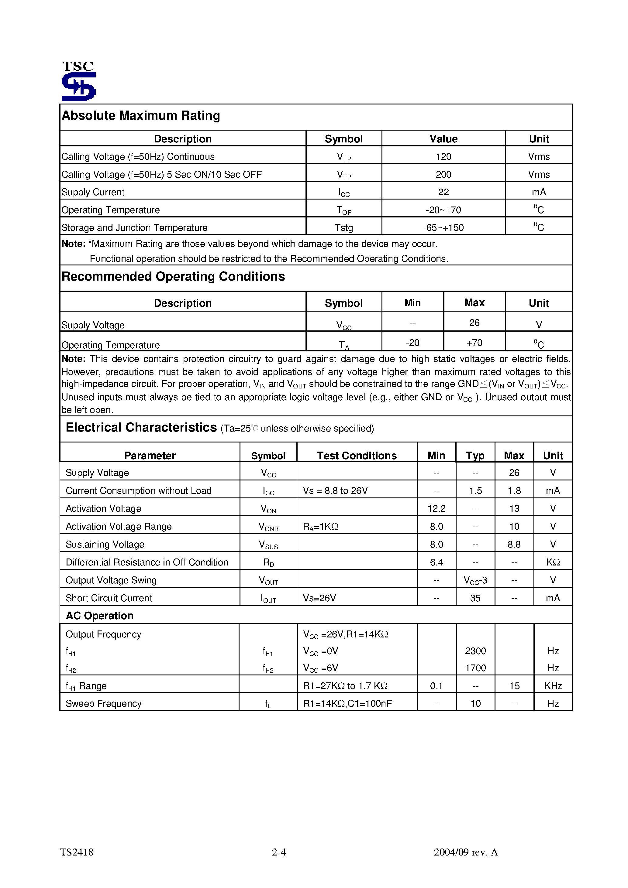 Даташит на микросхему TS2418 страница 2 Даташит TS2418 - Telephone tone ringer страница 2