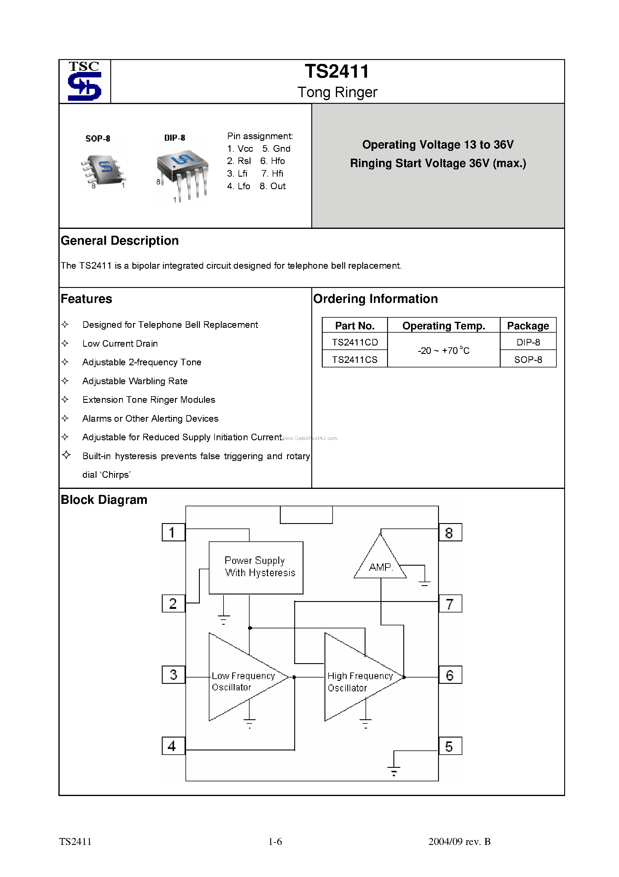 Datasheet TS2411 - Tong Ringer page 1
