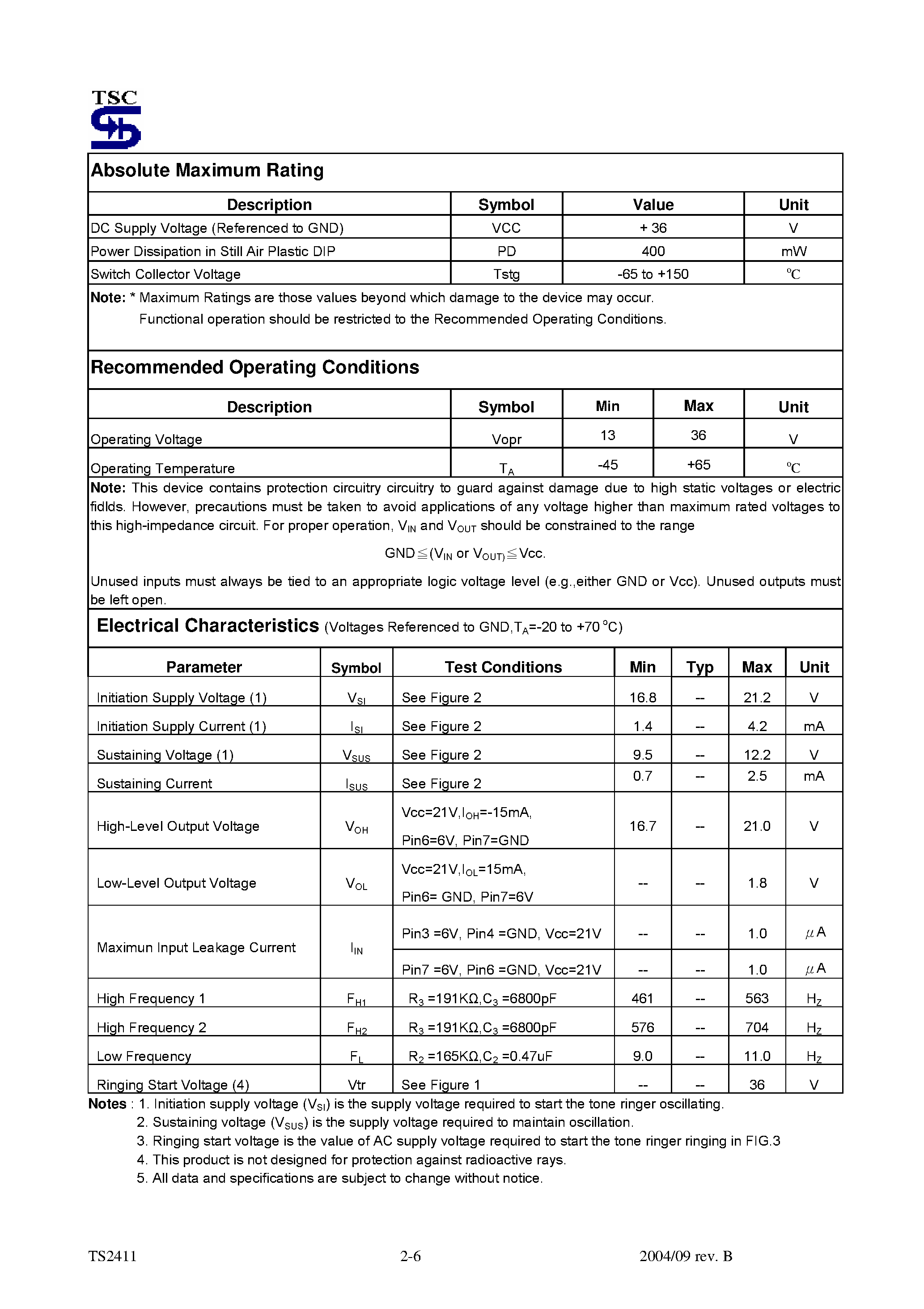 Datasheet TS2411 - Tong Ringer page 2