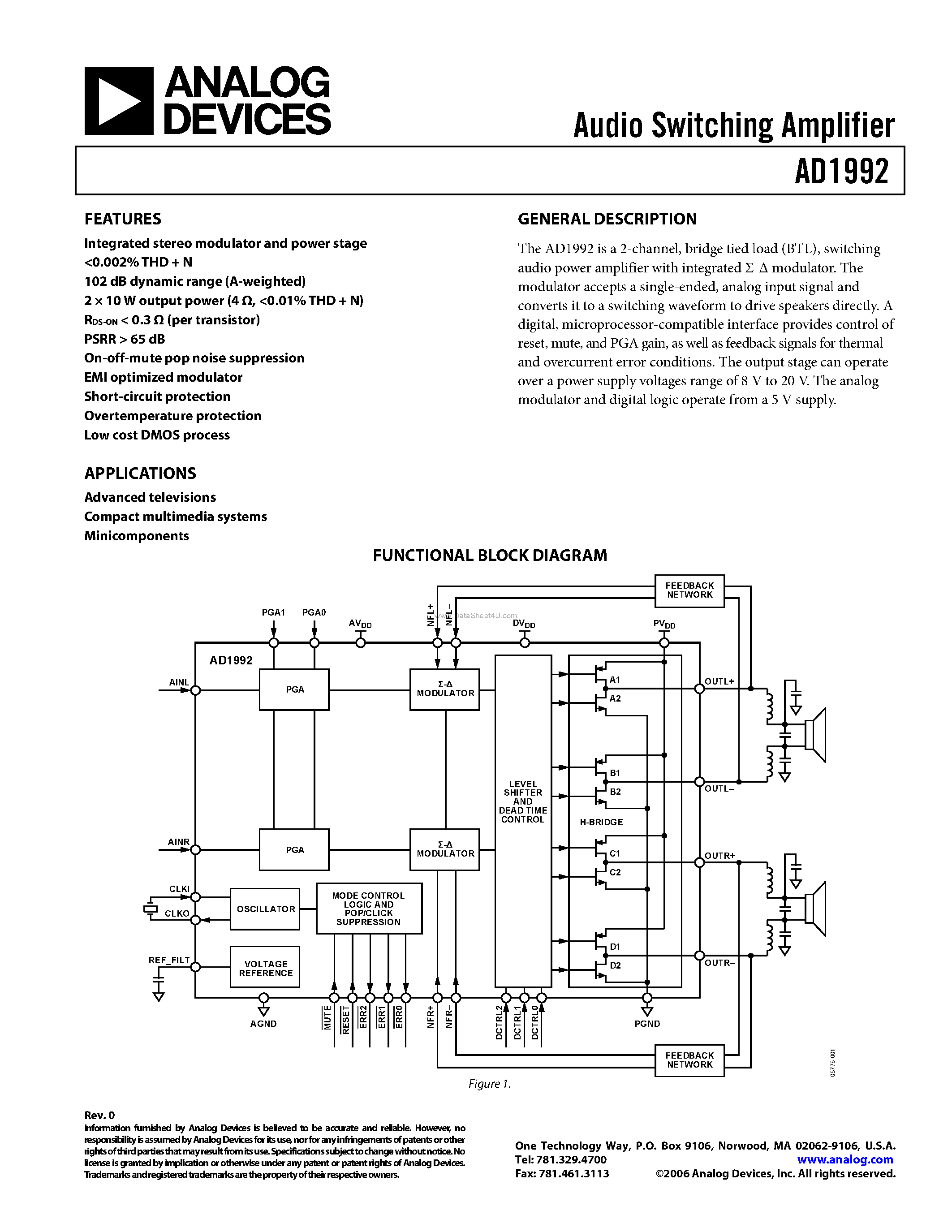 Datasheet AD1992 page 1 Datasheet AD1992 - Audio Switching Amplifier page 1