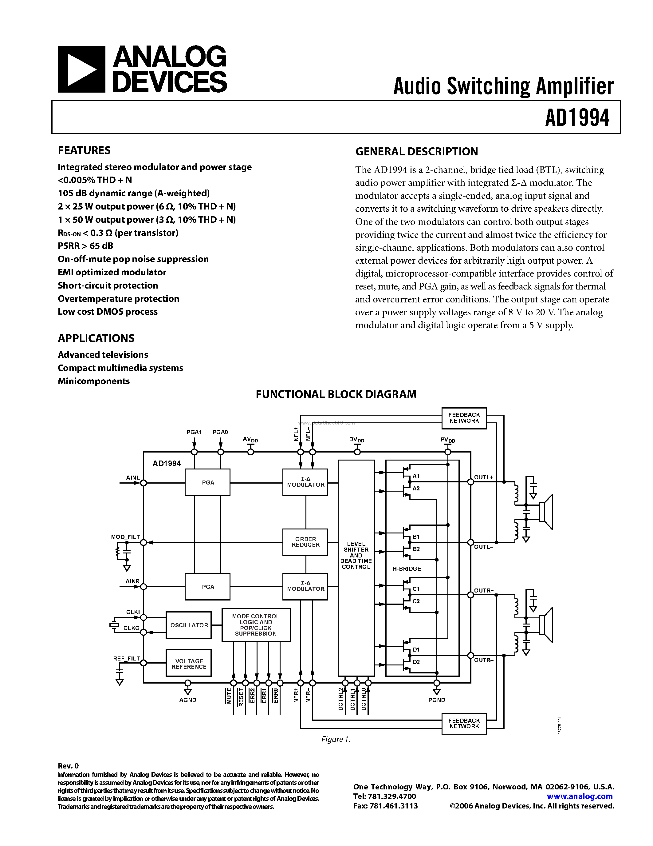 Datasheet AD1994 page 1 Datasheet AD1994 - Audio Switching Amplifier page 1