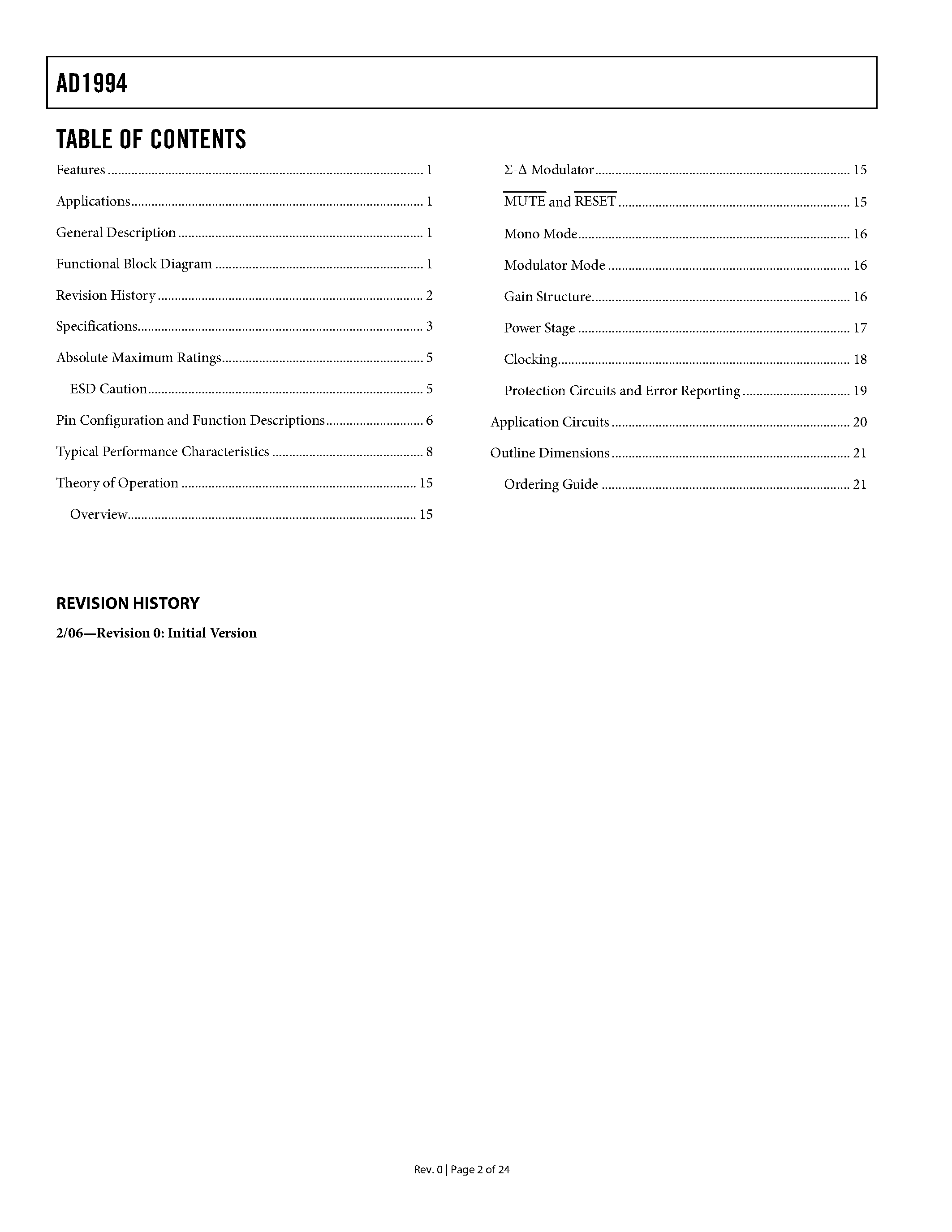 Datasheet AD1994 page 2 Datasheet AD1994 - Audio Switching Amplifier page 2