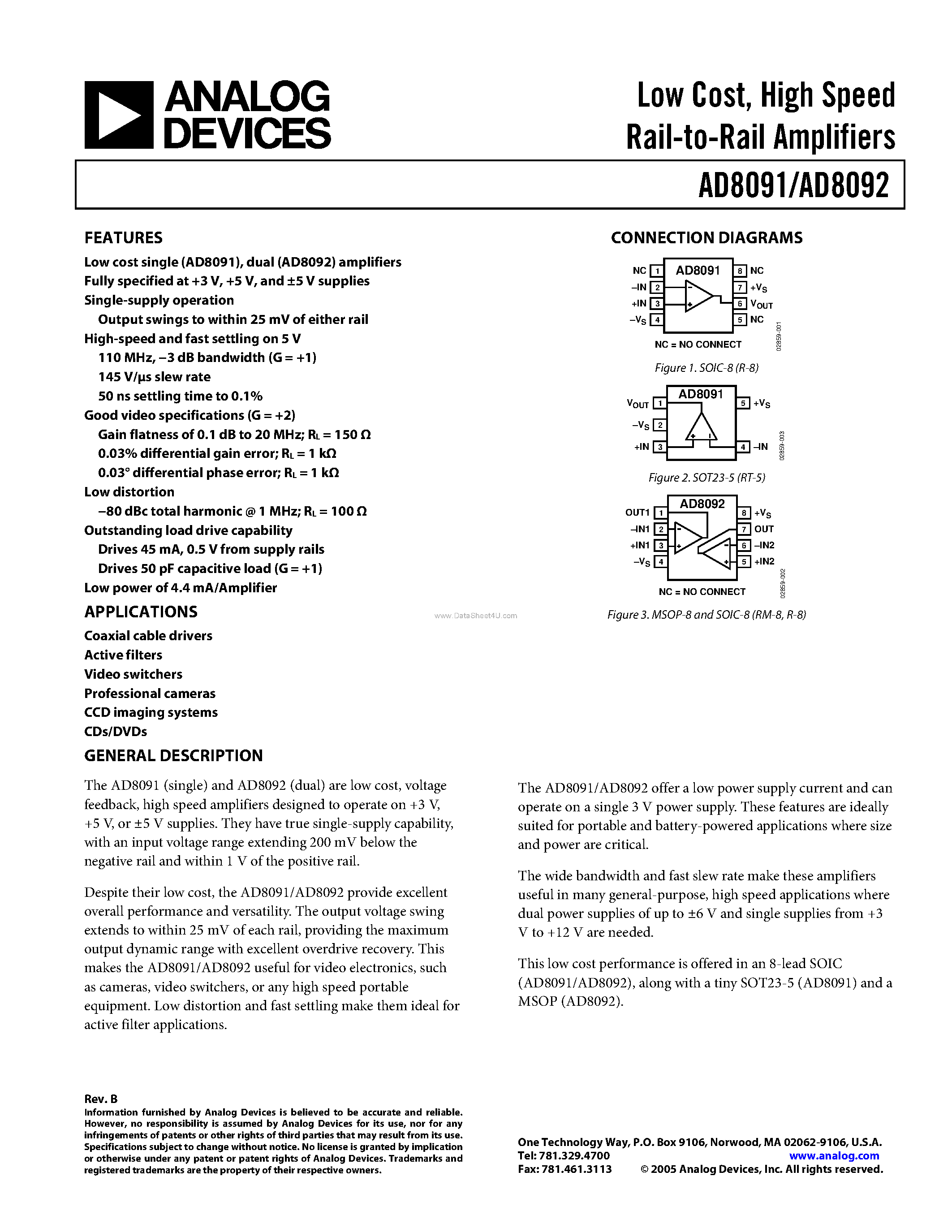 Даташит AD8092 - (AD8091 / AD8092) High Speed Rail-to-Rail Amplifiers страница 1