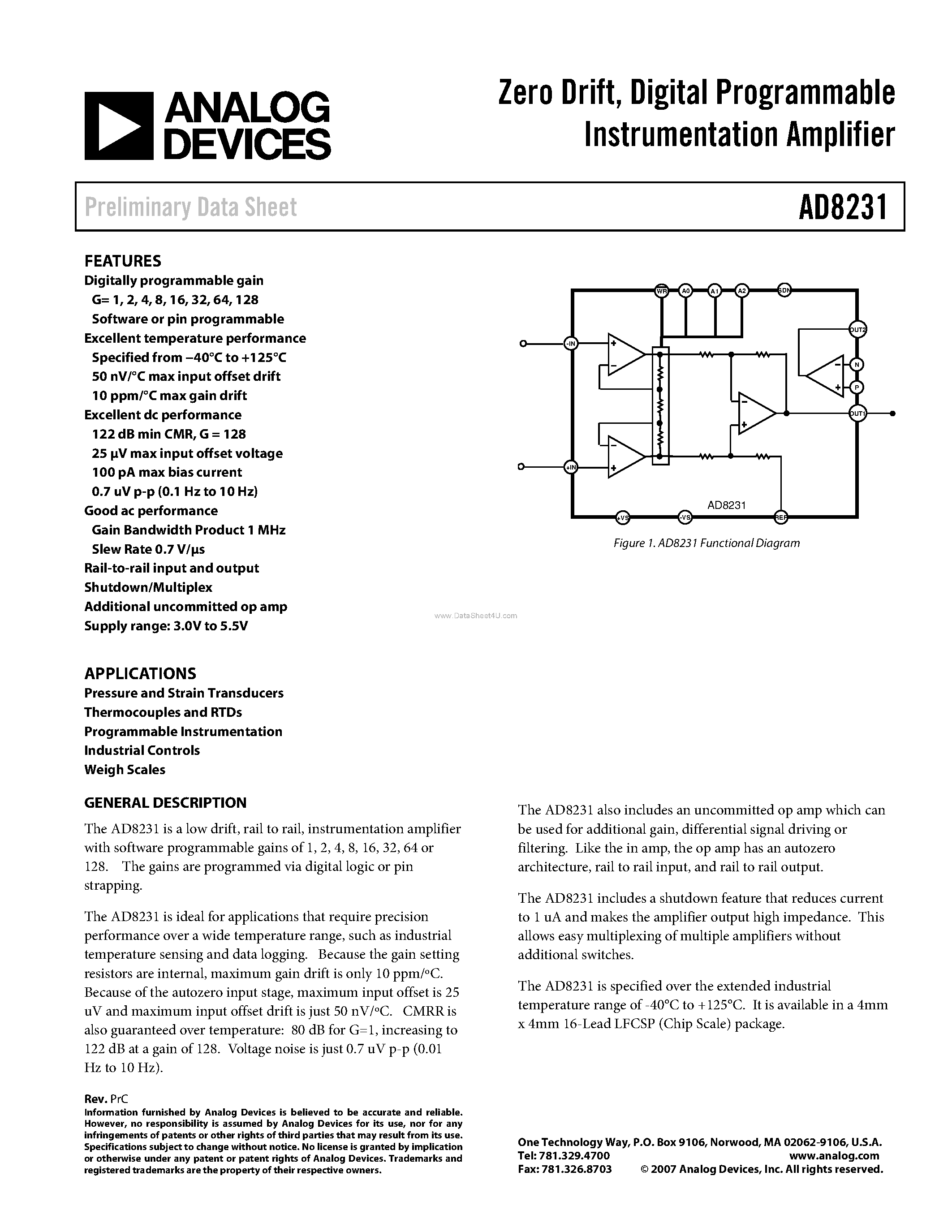 Datasheet AD8231 - Digital Programmable Instrumentation Amplifier page 1