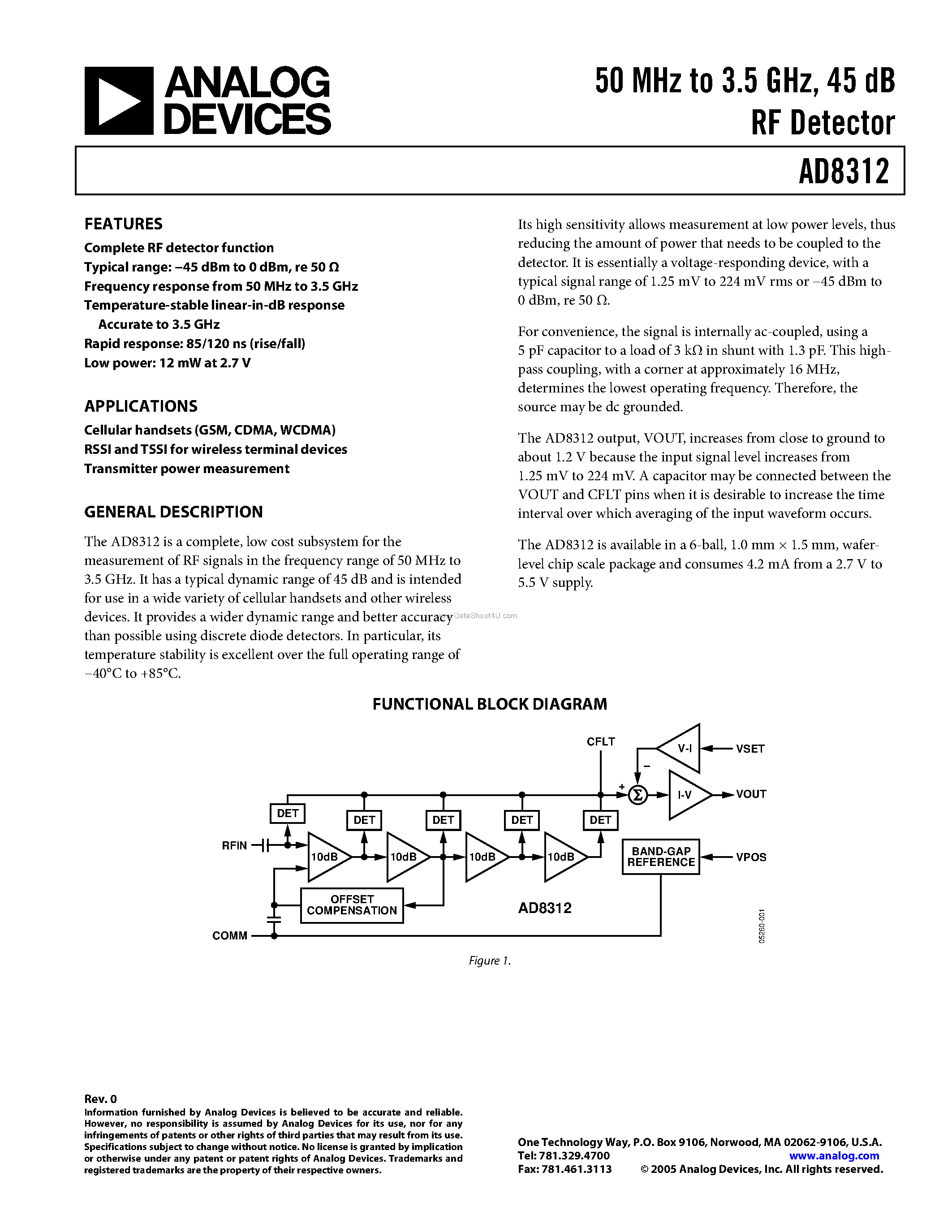 Datasheet AD8312 - RF Detector page 1