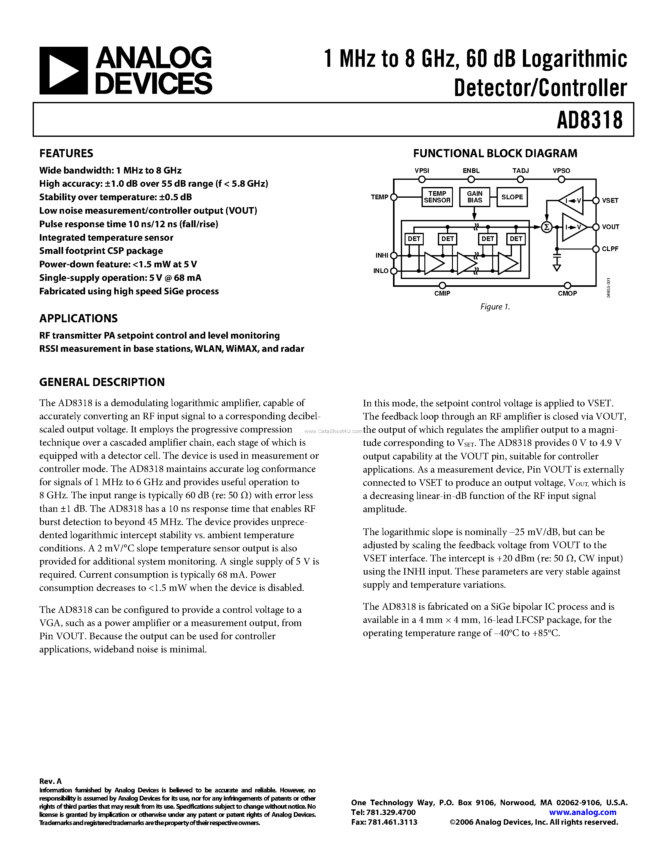 Datasheet AD8318 page 1 Datasheet AD8318 - Logarithmic Detector/Controller page 1