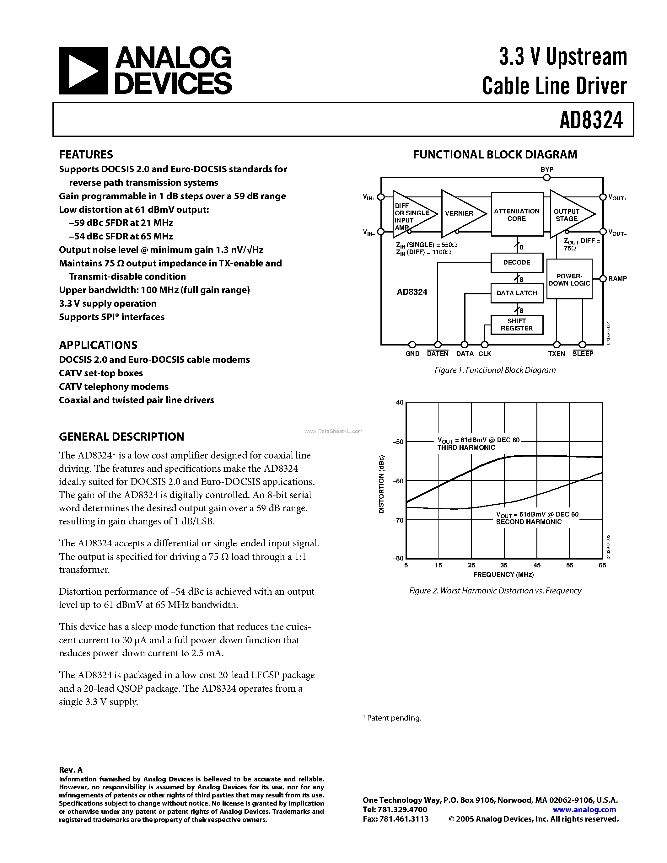 Datasheet AD8324 - Upstream Cable Line Driver page 1