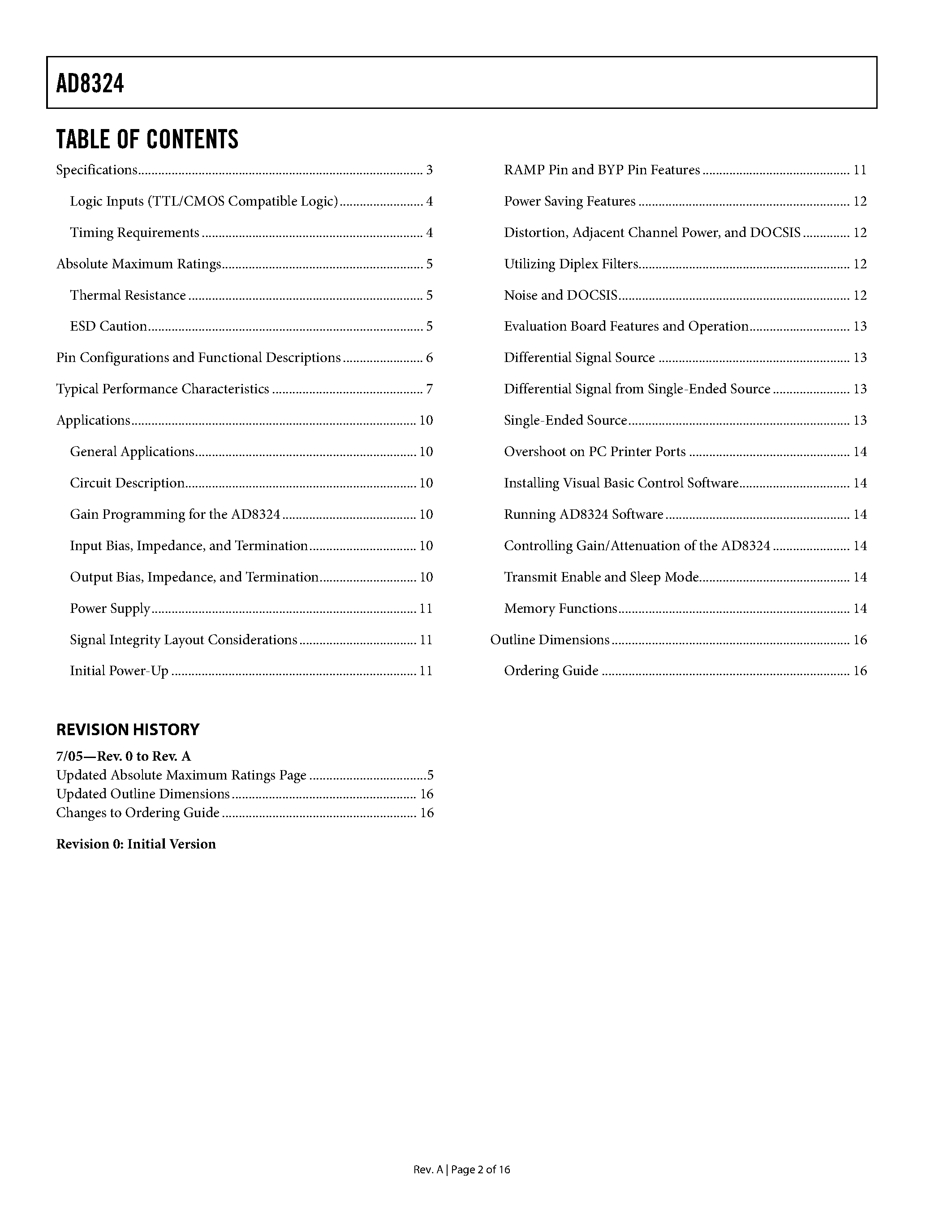 Datasheet AD8324 - Upstream Cable Line Driver page 2