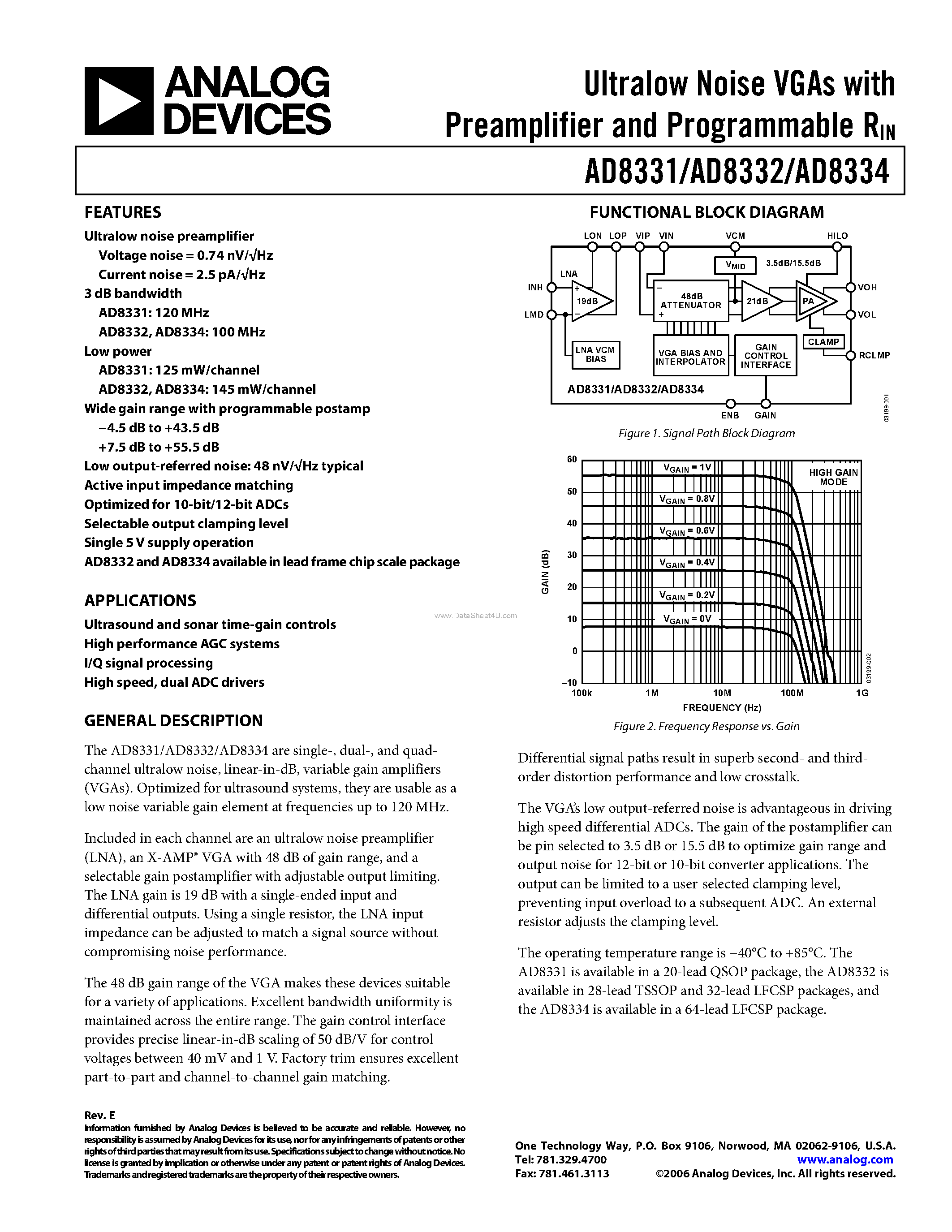 Datasheet AD8334 - Ultralow Noise VGAs page 1