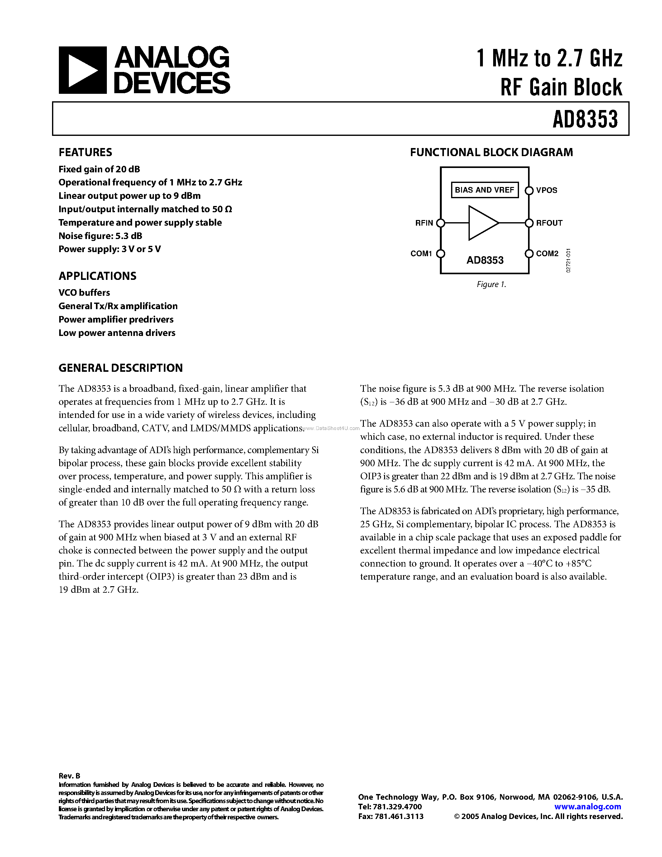 Datasheet AD8353 - RF Gain Block page 1
