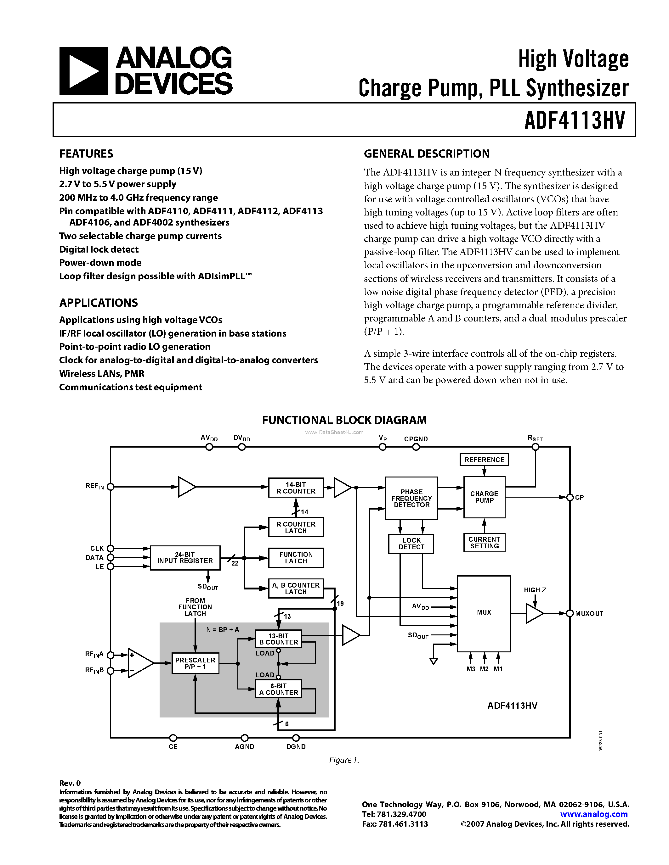 Даташит ADF4113HV - High Voltage Charge Pump / PLL Synthesizer страница 1