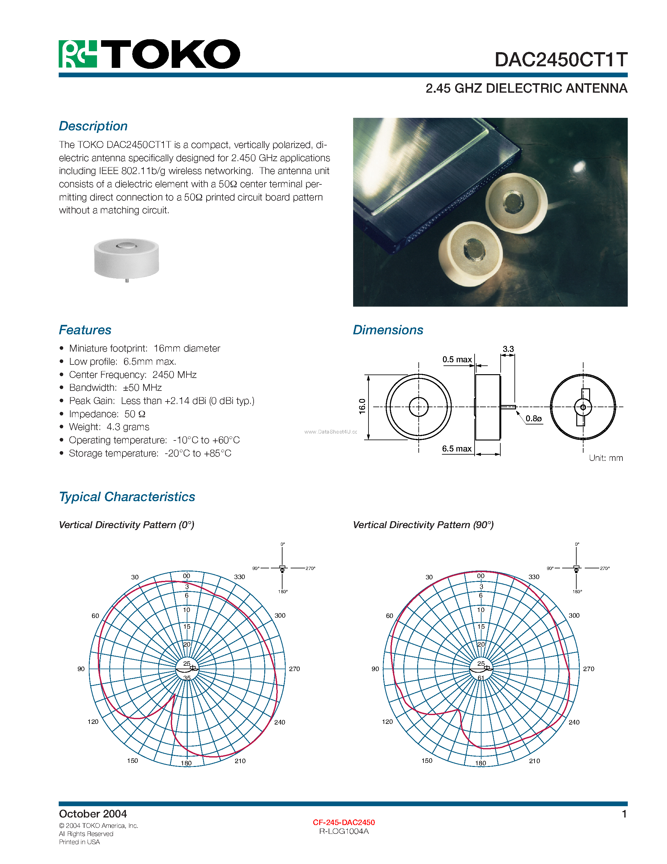 Datasheet DAC2450CT1T page 1 Datasheet DAC2450CT1T - DIELECTRIC ANTENNA page 1