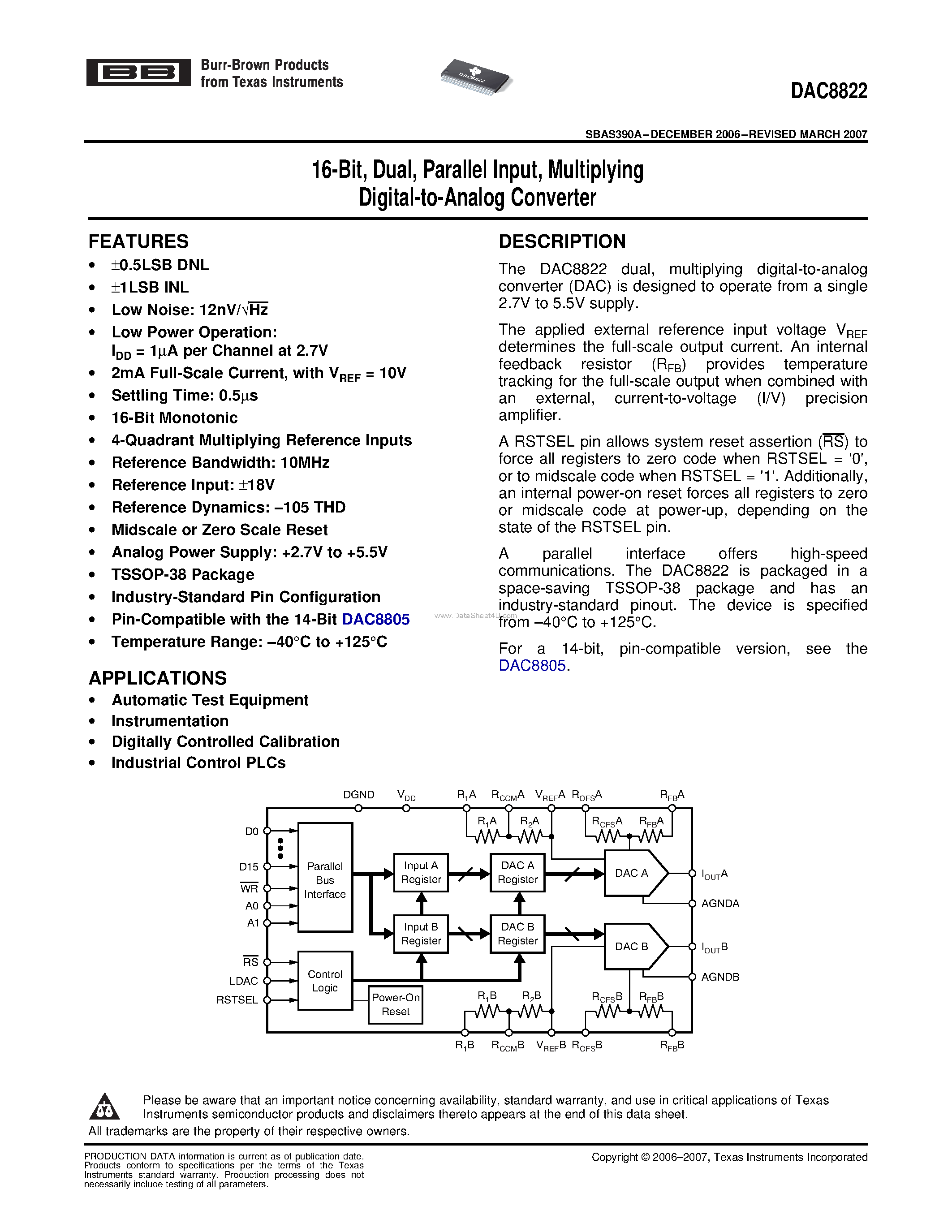 Datasheet DAC8822 - Multiplying Digital-to-Analog Converter page 1