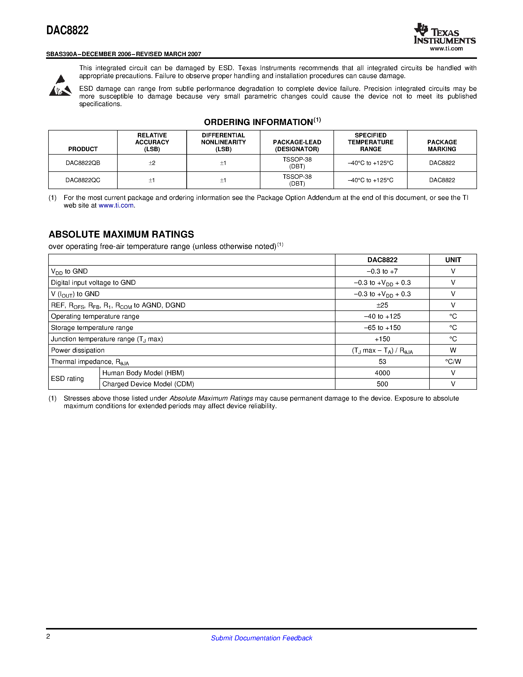 Datasheet DAC8822 - Multiplying Digital-to-Analog Converter page 2