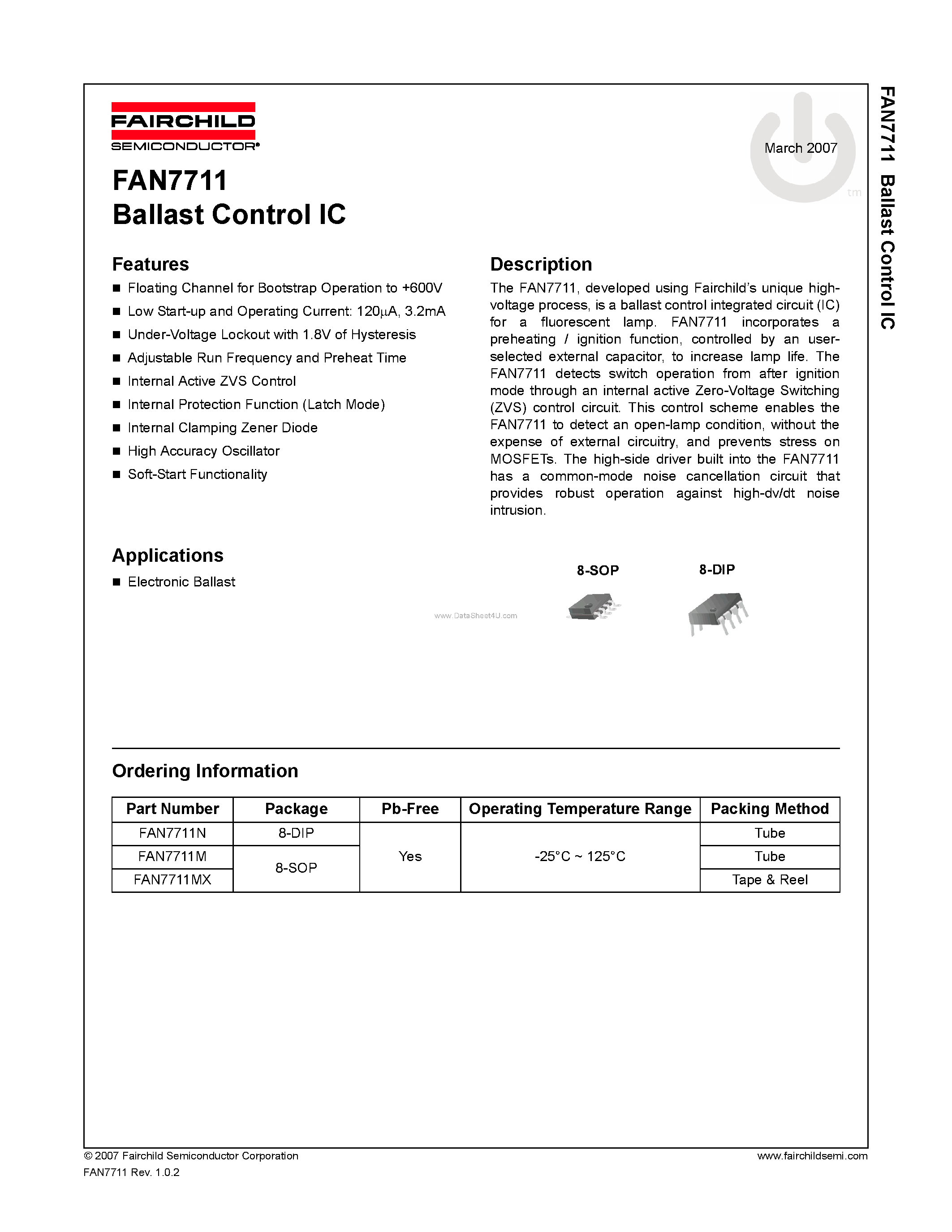 Даташит на микросхему FAN7711 страница 1 Даташит FAN7711 - Ballast Control IC страница 1