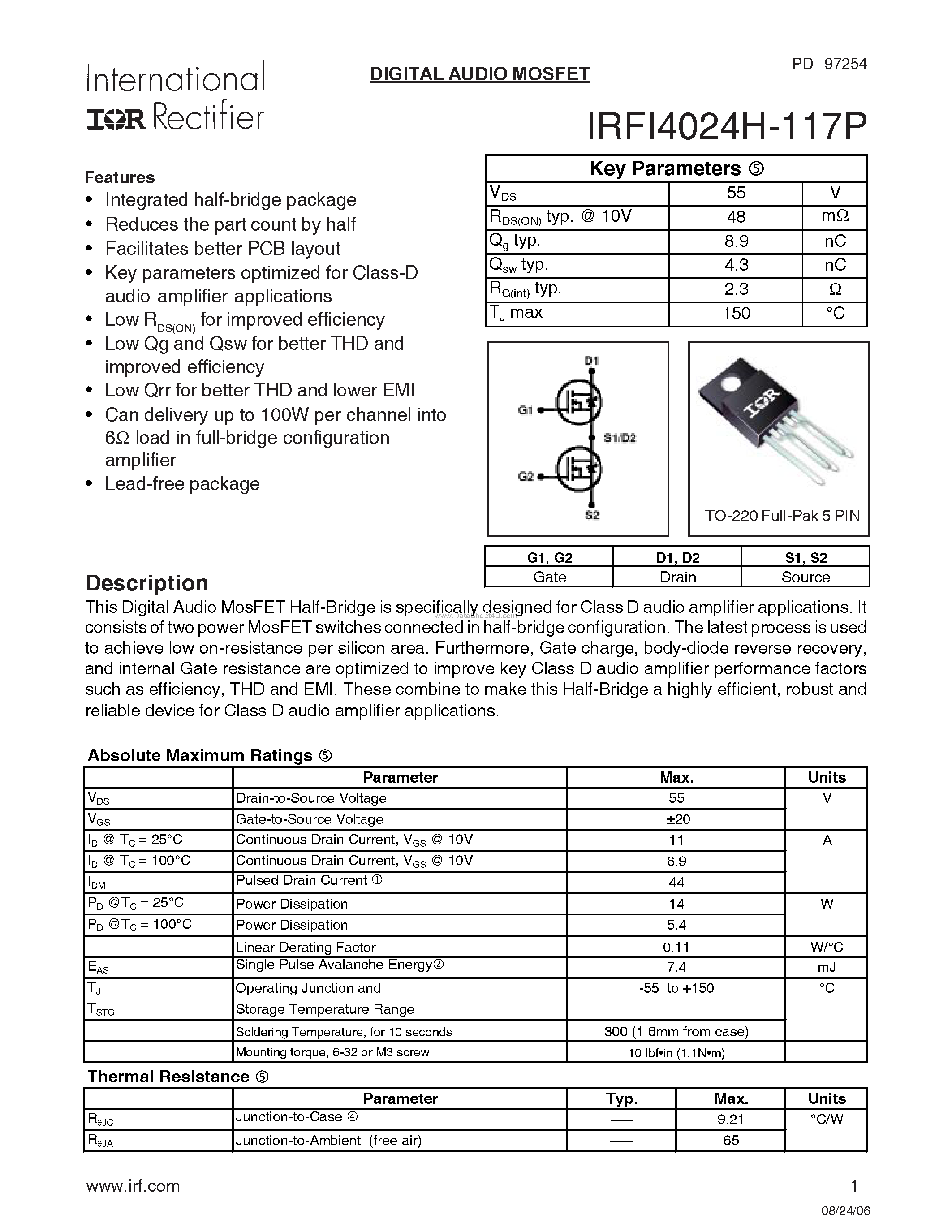 Datasheet IRFI4024H-117P - DIGITAL AUDIO MOSFET page 1