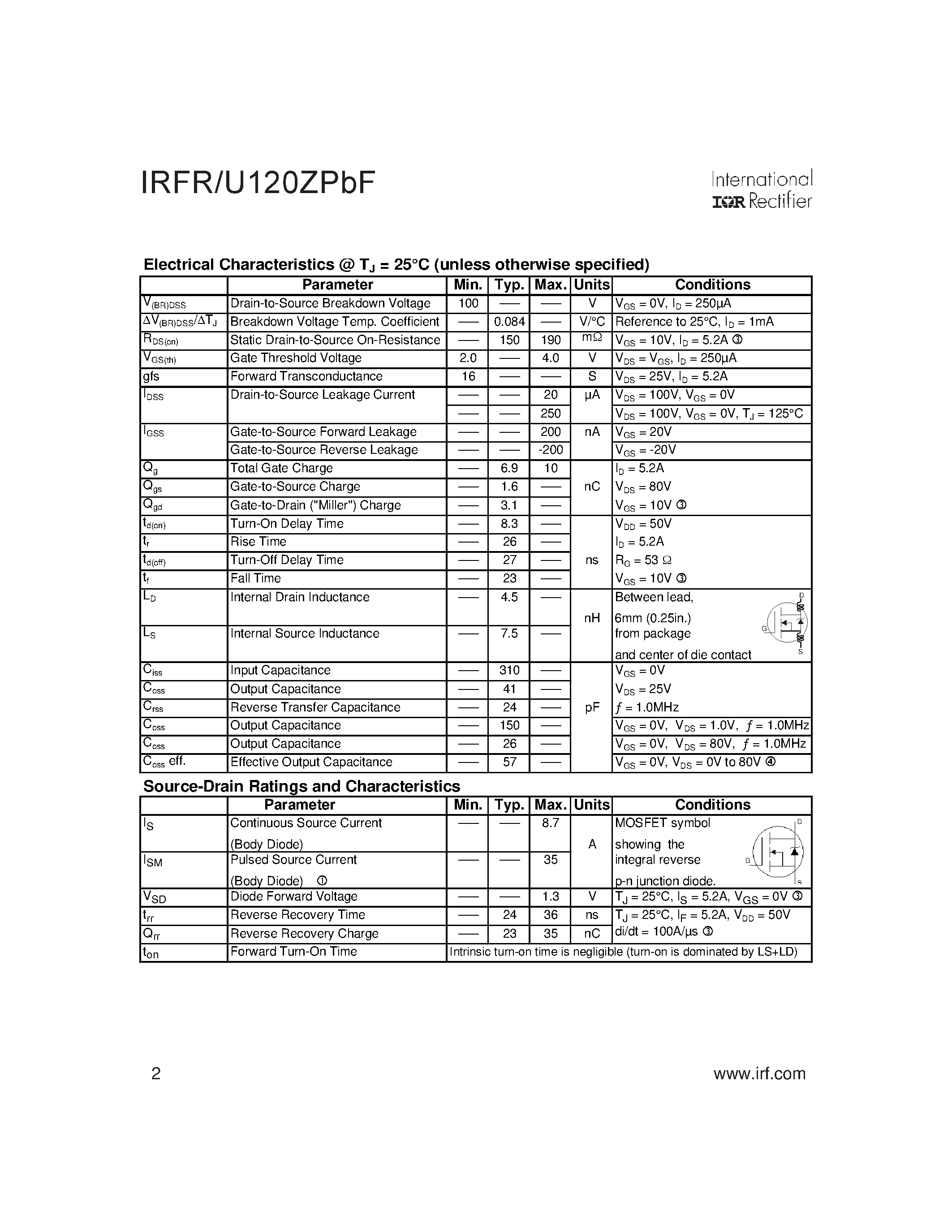 Datasheet IRFR120ZPBF - AUTOMOTIVE MOSFET page 2