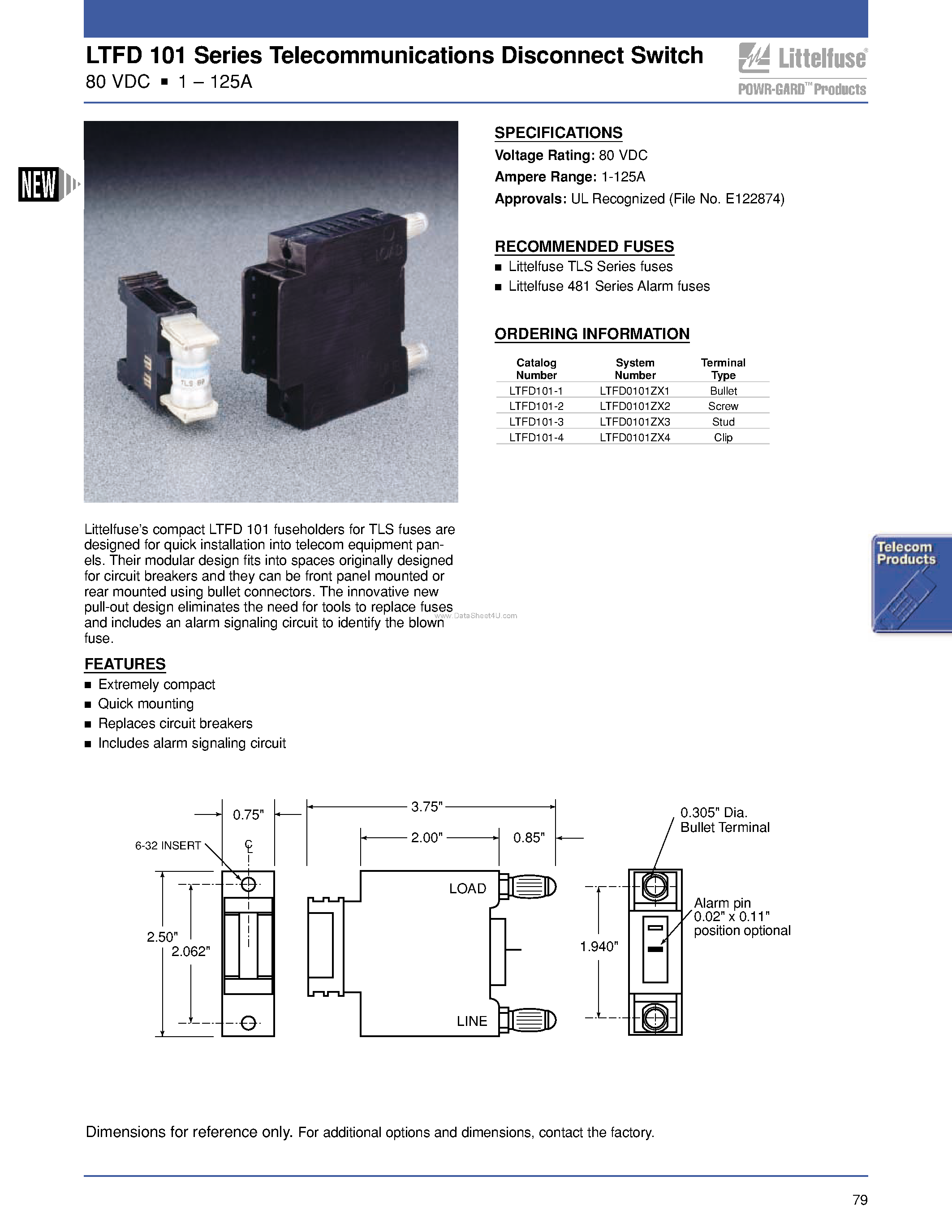 Datasheet LTFD101 page 1 Datasheet LTFD101 - Telecommunications Disconnect Switch page 1